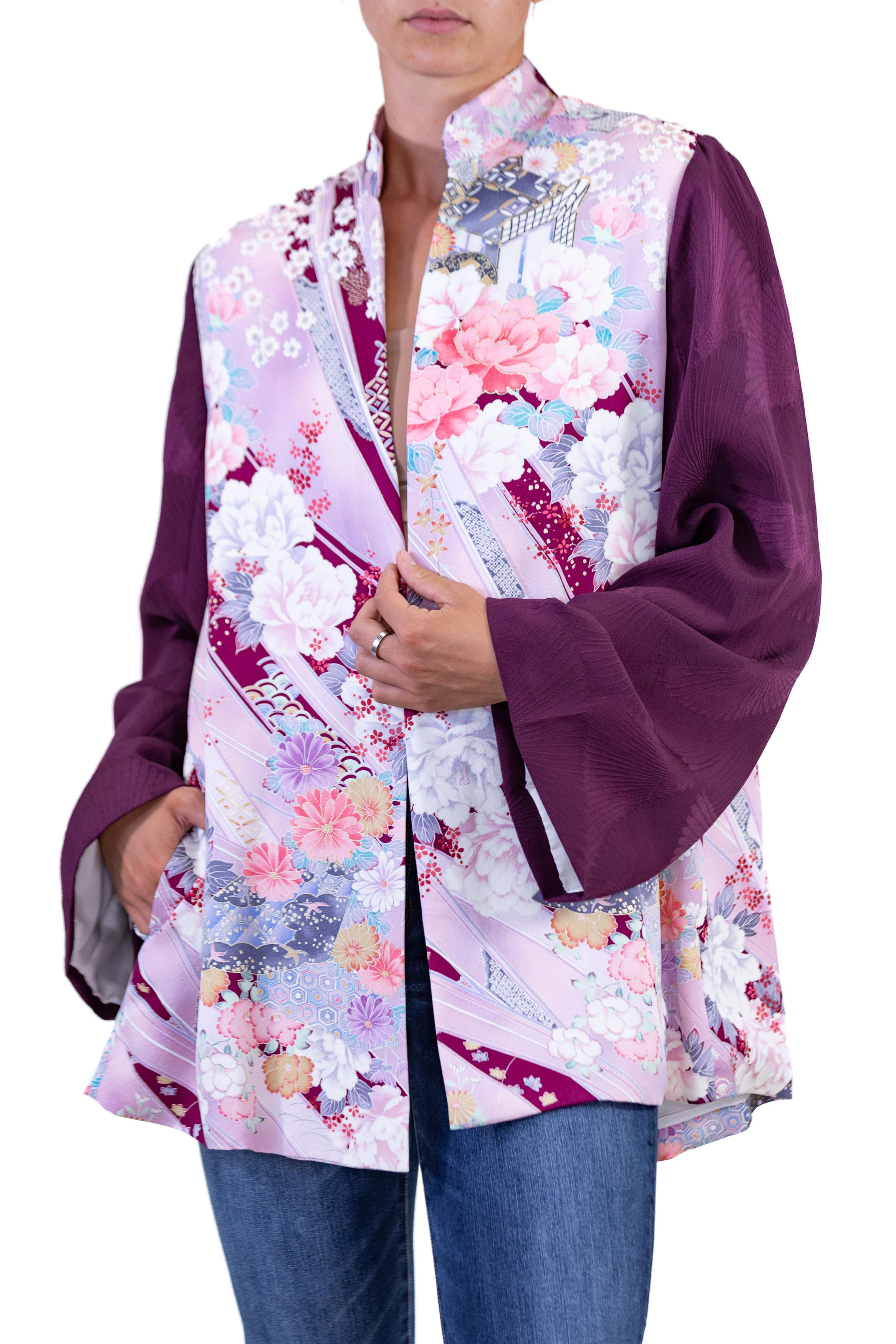 Morphew Collection Purple Floral Japanese Kimono Silk Jacket With Solid Sleeves For Sale 4