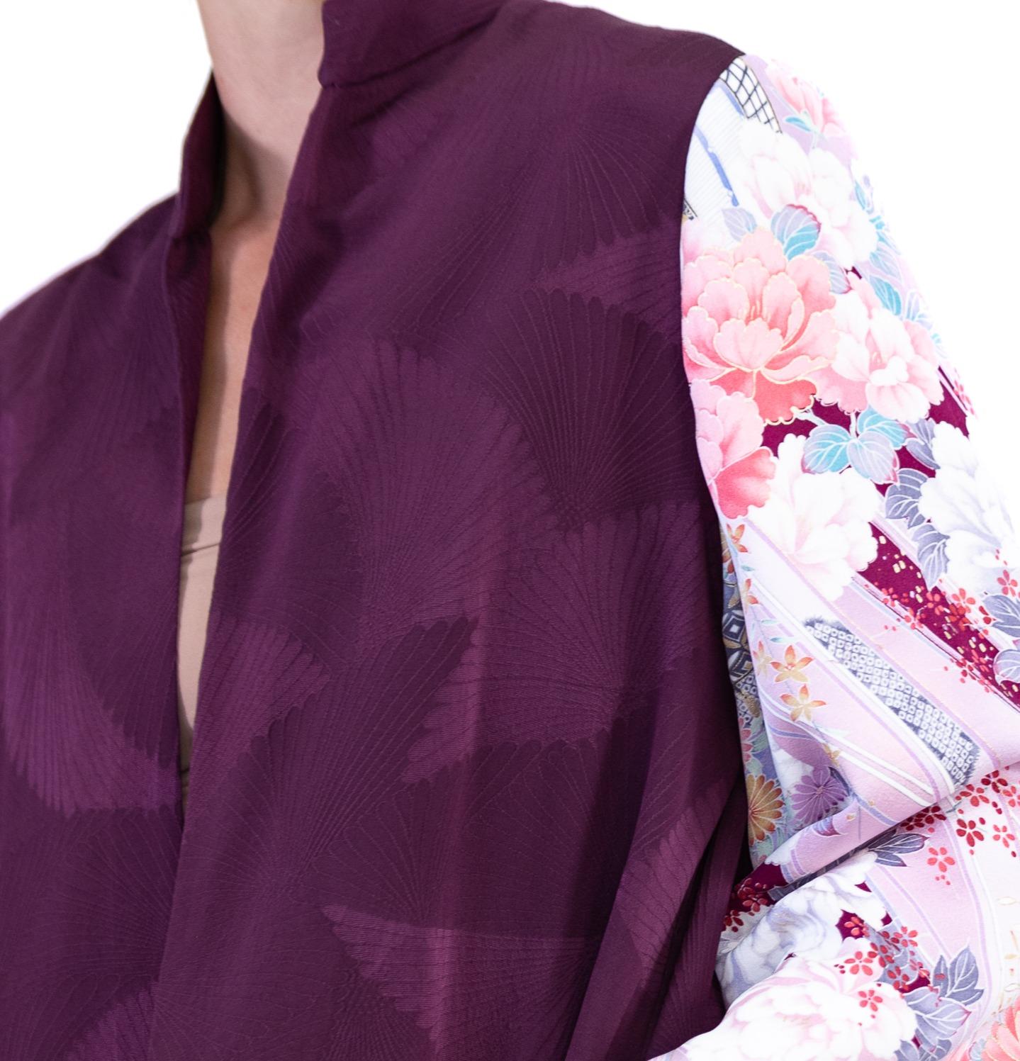 Morphew Collection Purple Floral Print Japanese Kimono Silk Jacket For Sale 6