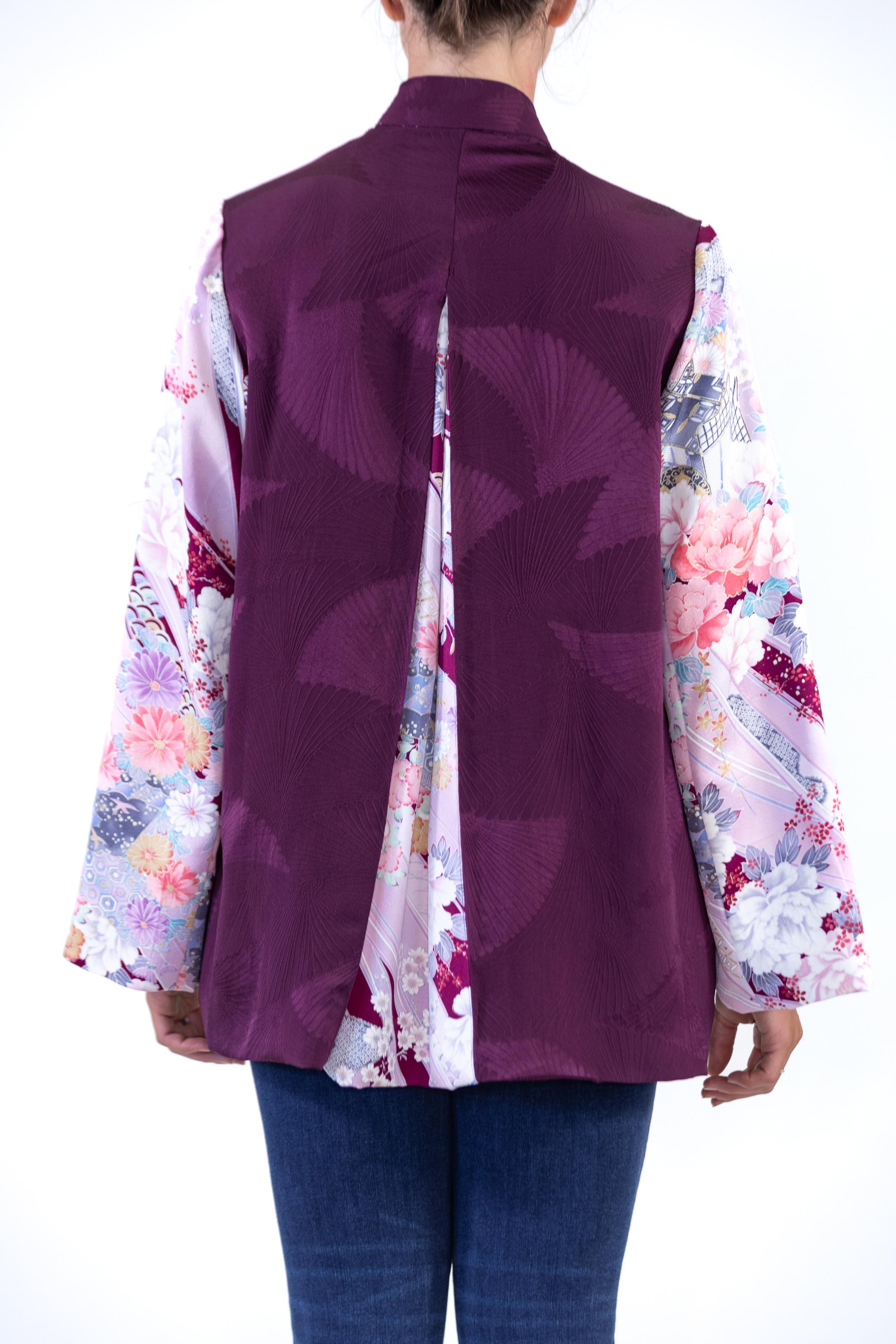 Morphew Collection Purple Floral Print Japanese Kimono Silk Jacket For Sale 1