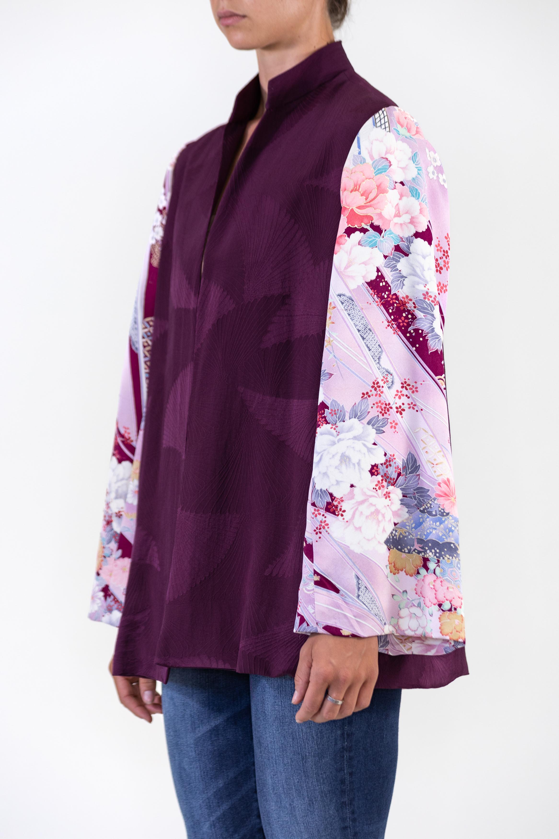 Morphew Collection Purple Floral Print Japanese Kimono Silk Jacket For Sale 4
