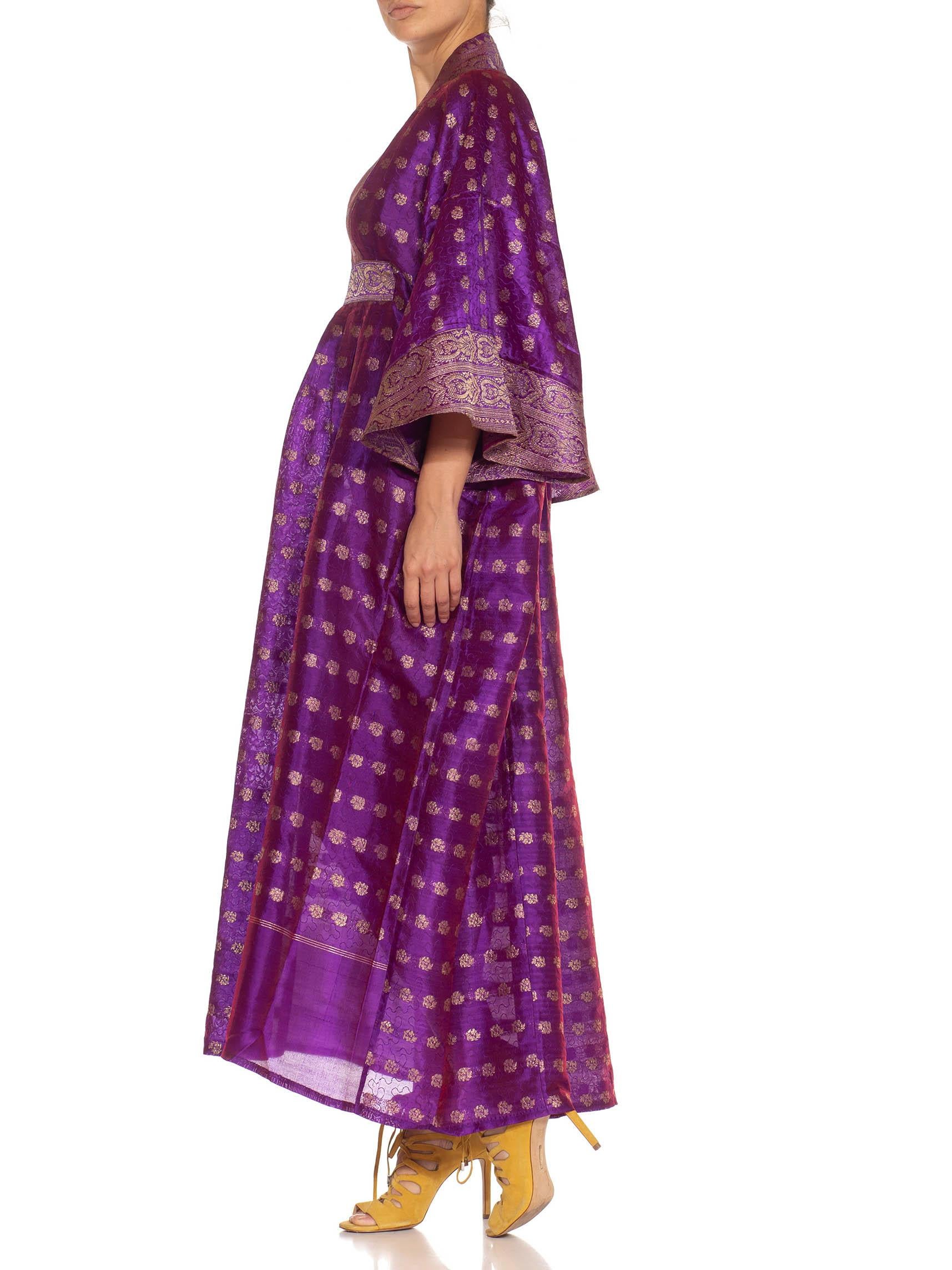 MORPHEW COLLECTION Purple & Gold Silk Kaftan Made From Vintage Saris In Excellent Condition For Sale In New York, NY
