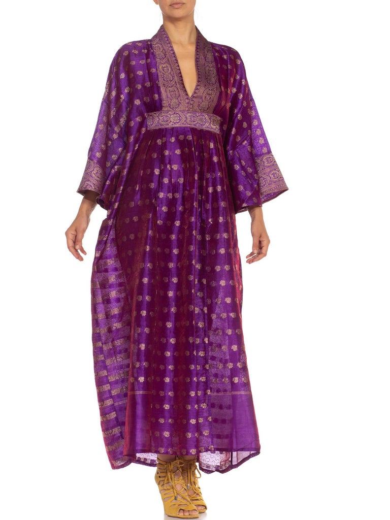 MORPHEW COLLECTION Purple and Gold Silk Kaftan Made From Vintage Saris For  Sale at 1stDibs
