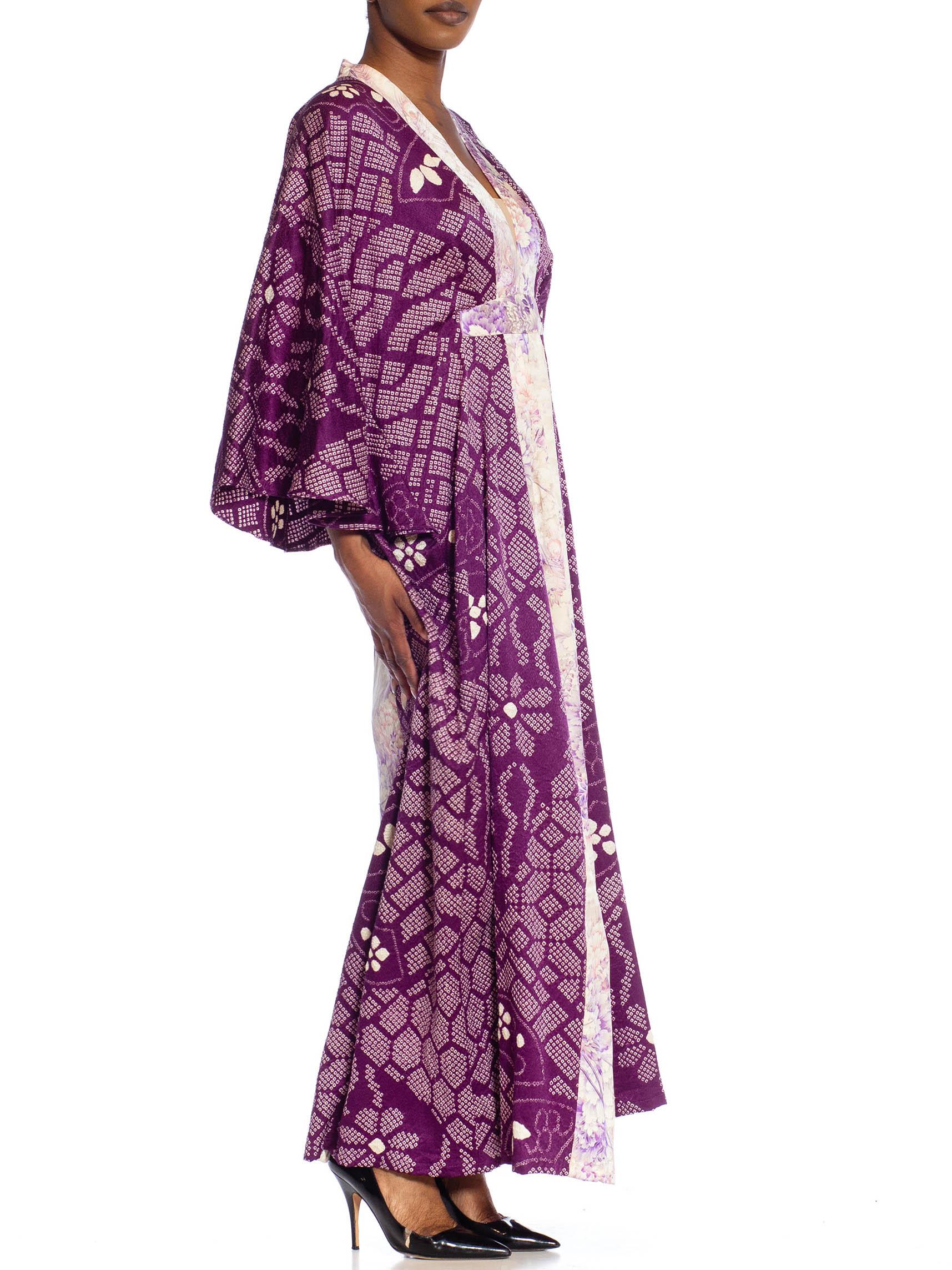 Gray MORPHEW COLLECTION Purple Japanese Shibori Silk Kaftan With Lilac Neckline For Sale