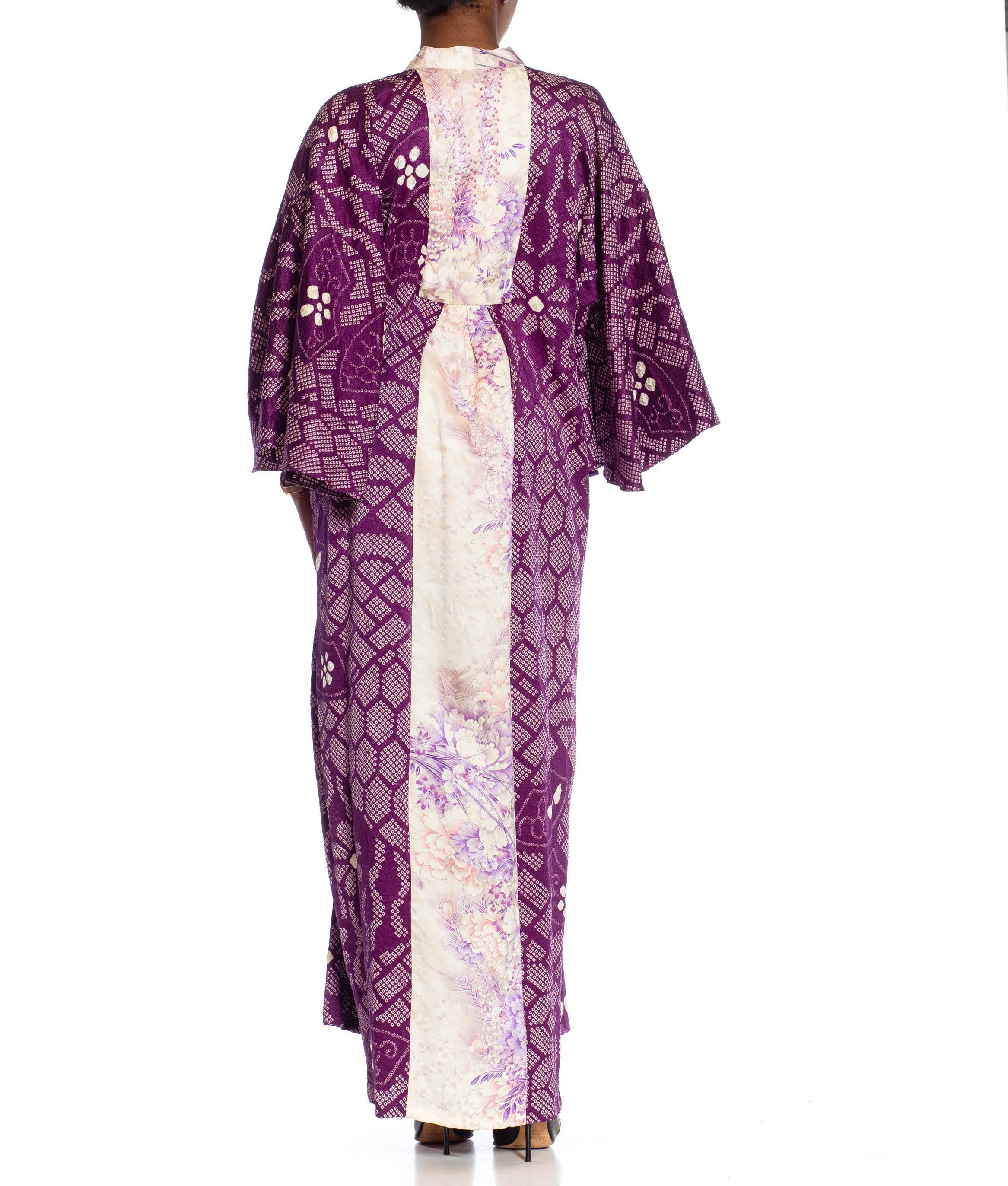 MORPHEW COLLECTION Purple Japanese Shibori Silk Kaftan With Lilac Neckline In Excellent Condition For Sale In New York, NY
