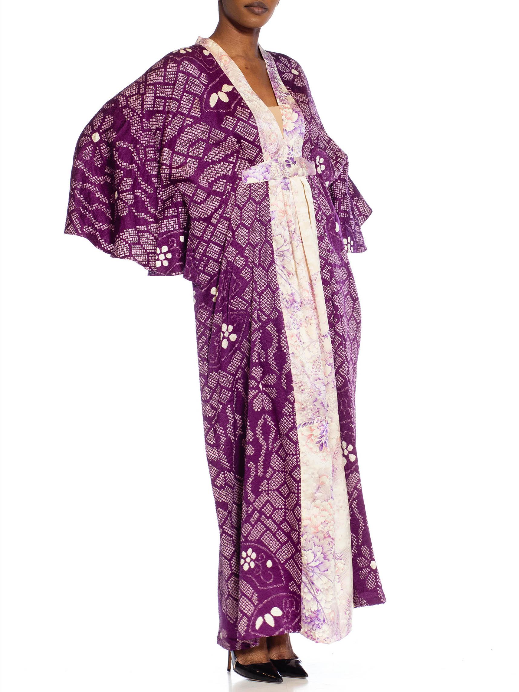 MORPHEW COLLECTION Purple Japanese Shibori Silk Kaftan With Lilac Neckline For Sale 3