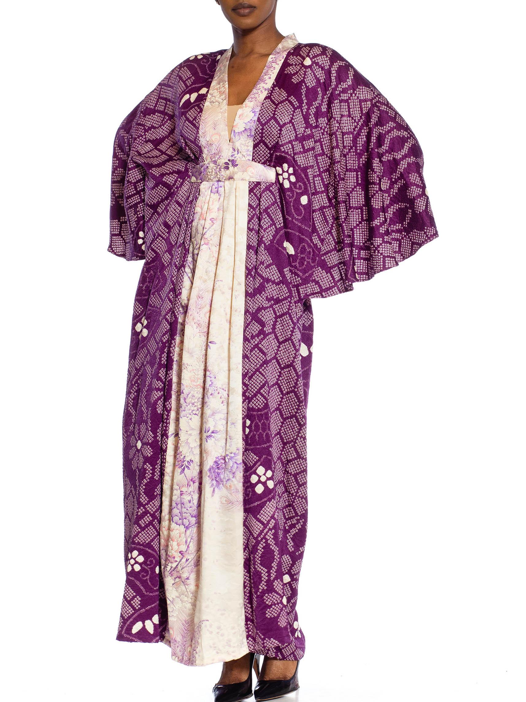 MORPHEW COLLECTION Purple Japanese Shibori Silk Kaftan With Lilac Neckline For Sale 4