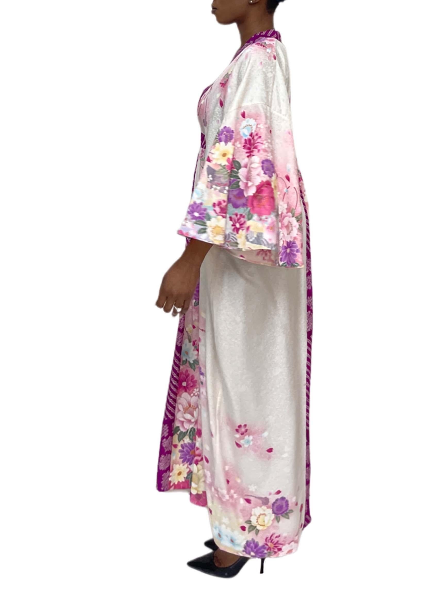 MORPHEW COLLECTION Purple, Pink & Cream Floral Japanese Kimono Silk Kaftan For Sale 4