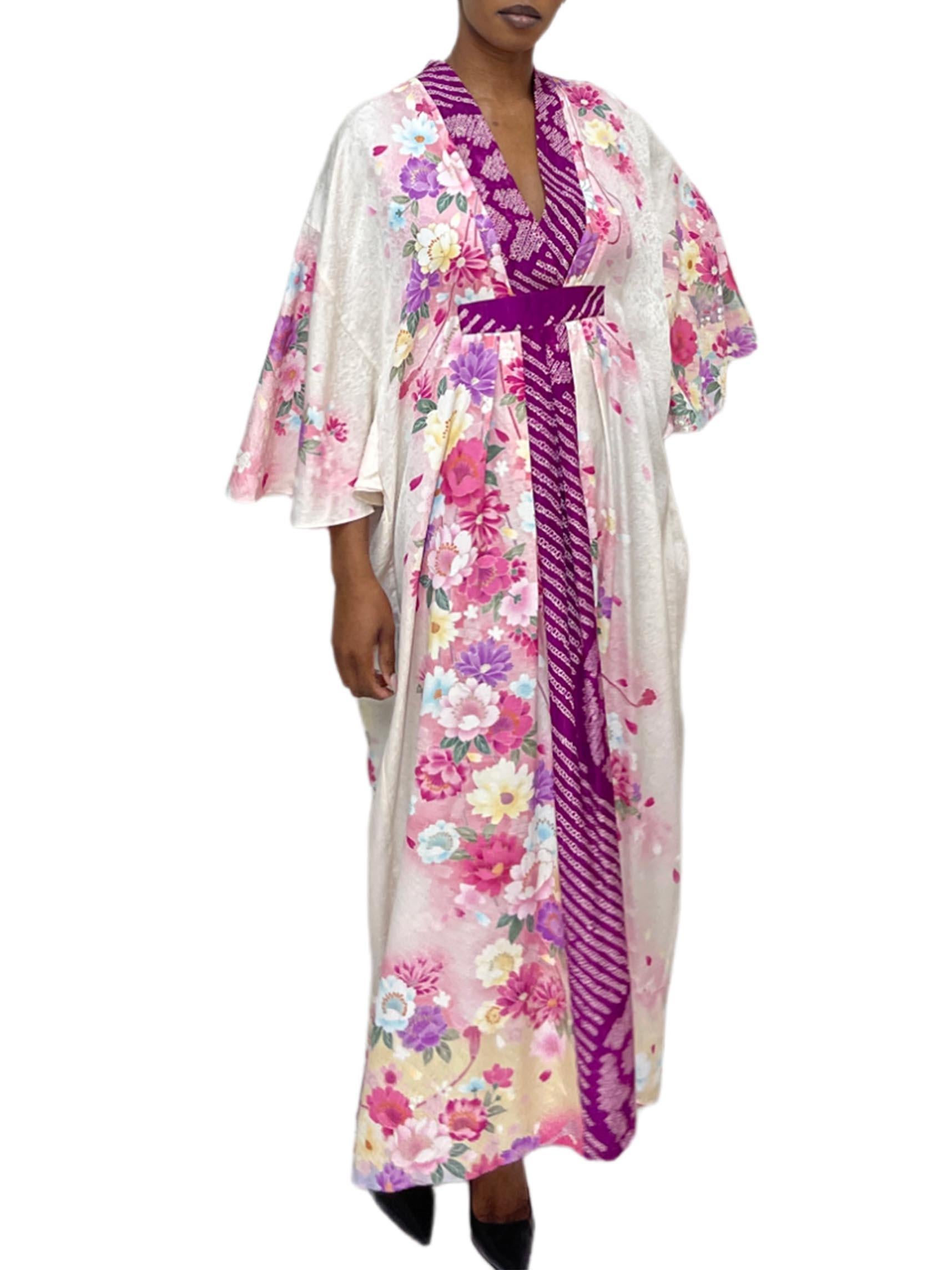 White MORPHEW COLLECTION Purple, Pink & Cream Floral Japanese Kimono Silk Kaftan For Sale