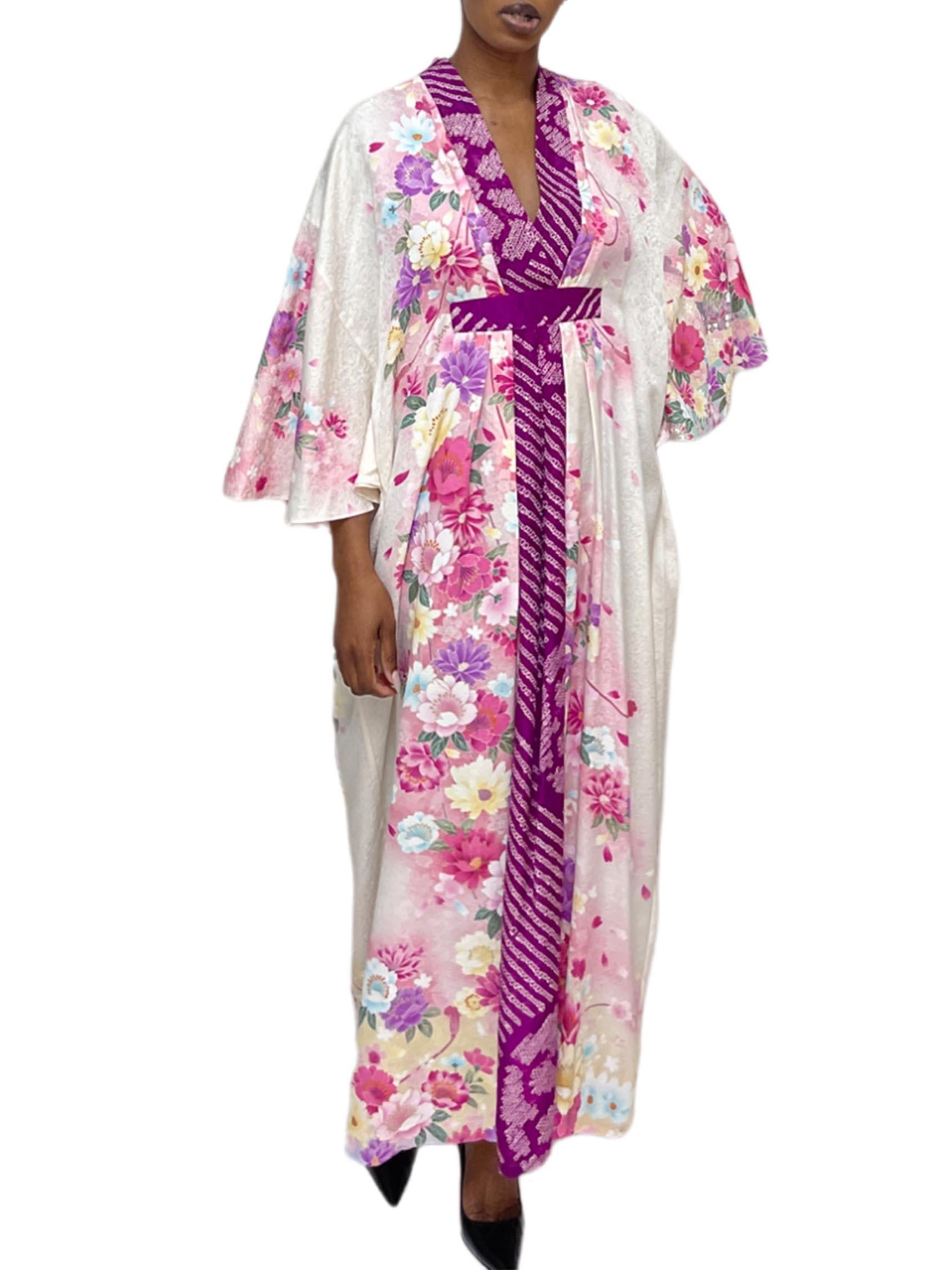 MORPHEW COLLECTION Purple, Pink & Cream Floral Japanese Kimono Silk Kaftan In Excellent Condition For Sale In New York, NY