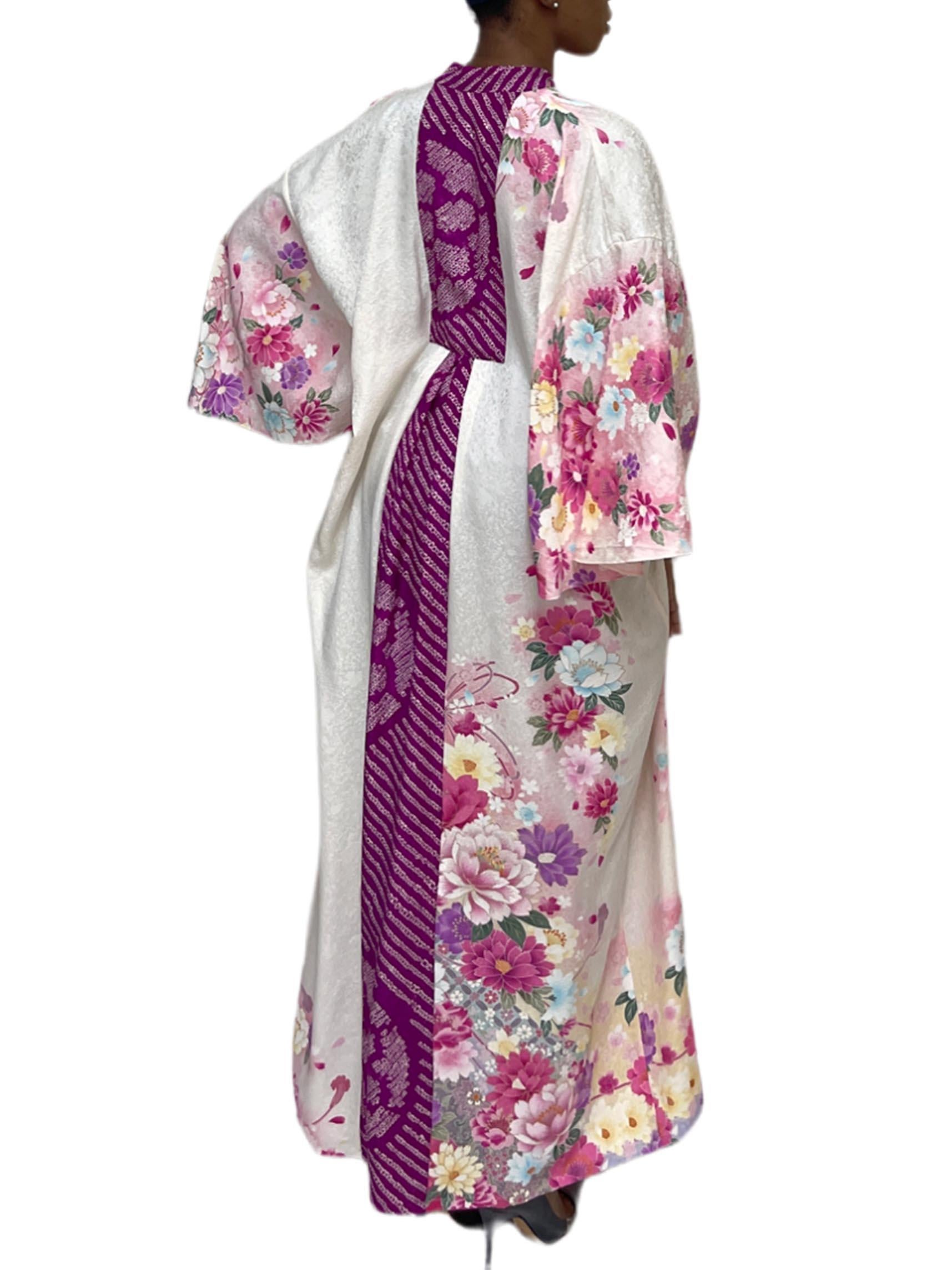 Women's MORPHEW COLLECTION Purple, Pink & Cream Floral Japanese Kimono Silk Kaftan For Sale