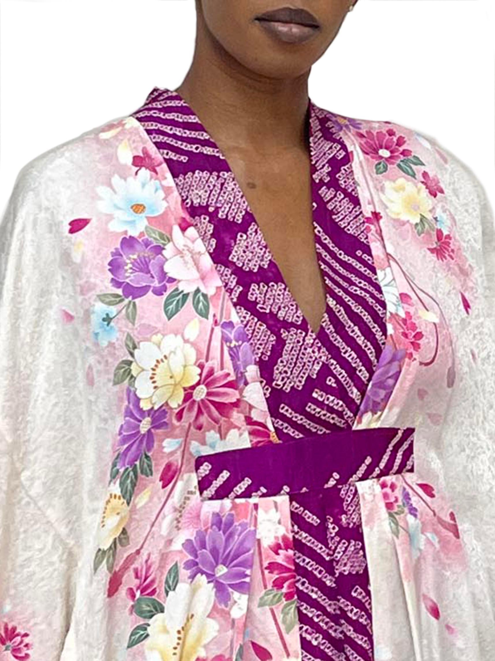 MORPHEW COLLECTION Purple, Pink & Cream Floral Japanese Kimono Silk Kaftan For Sale 1