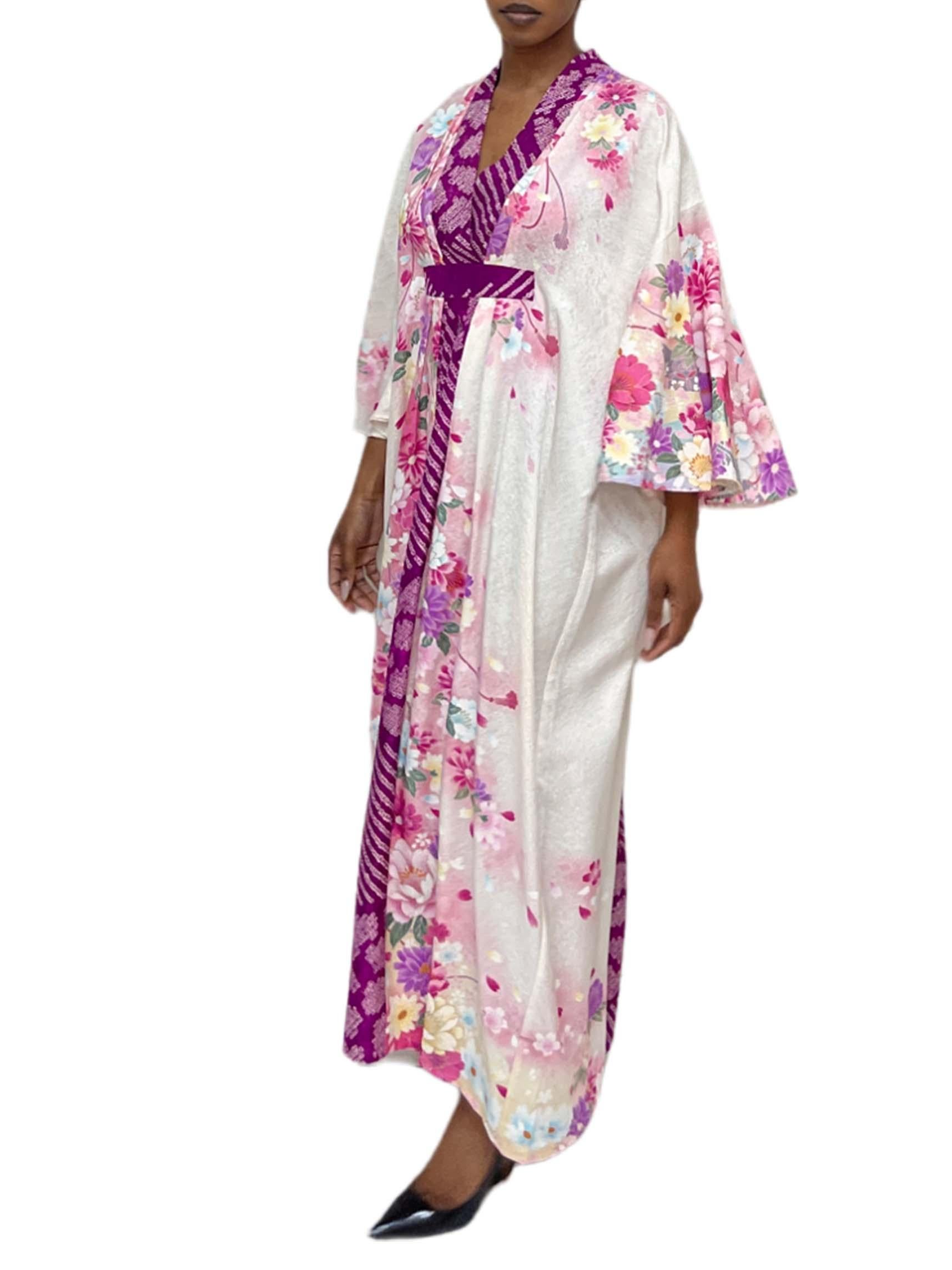 MORPHEW COLLECTION Purple, Pink & Cream Floral Japanese Kimono Silk Kaftan For Sale 2
