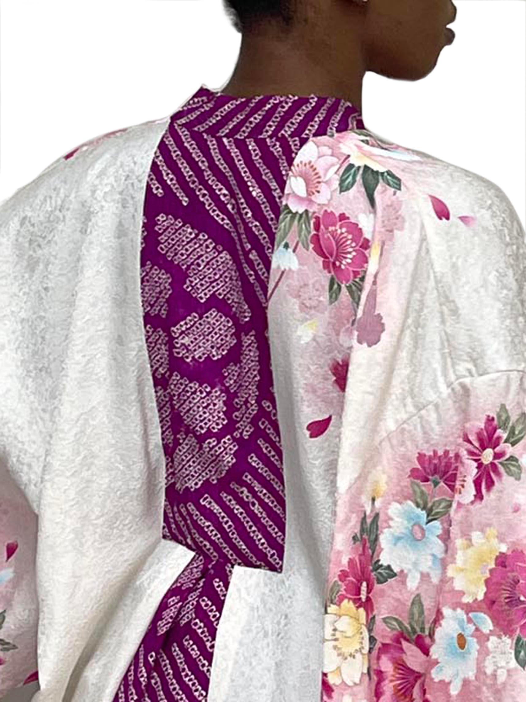 MORPHEW COLLECTION Purple, Pink & Cream Floral Japanese Kimono Silk Kaftan For Sale 3