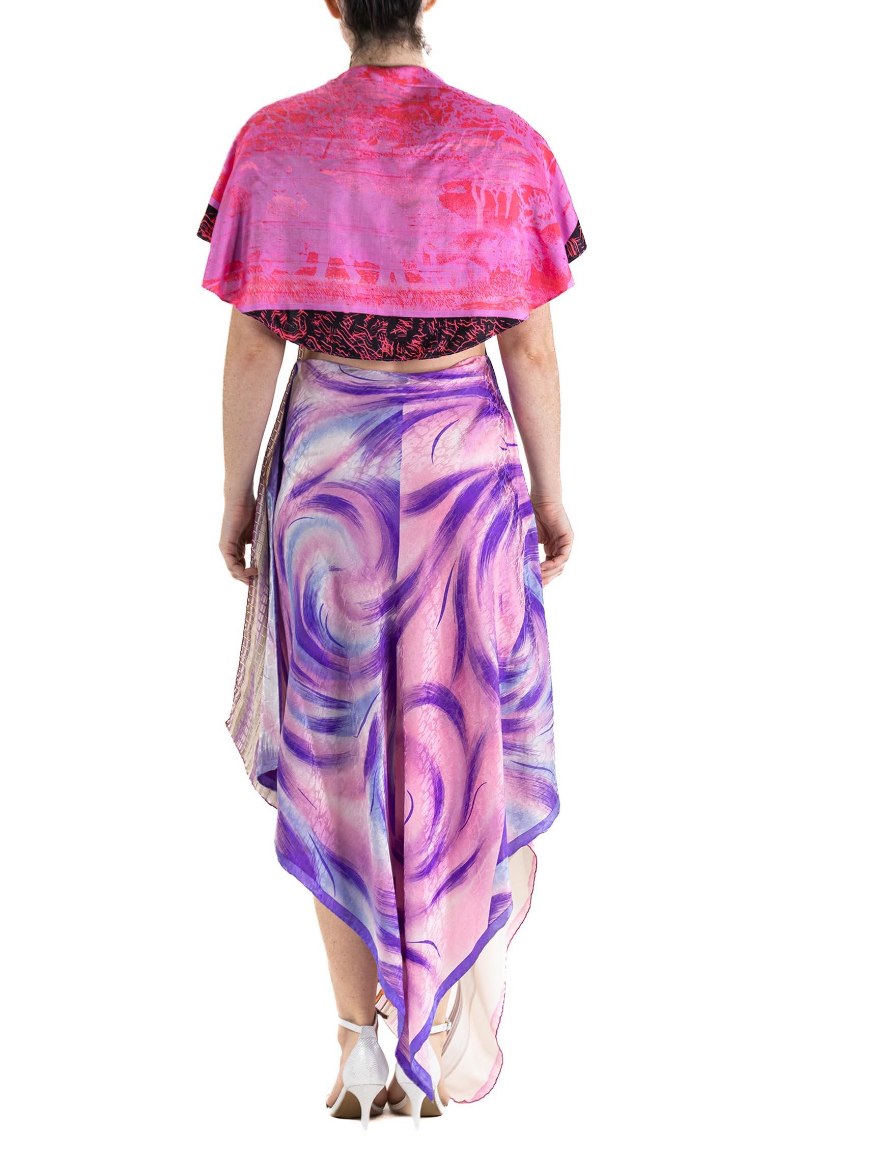 MORPHEW COLLECTION Purple, Pink Floral Silk Twill 3-Scarf Dress Made From Vinta For Sale 2