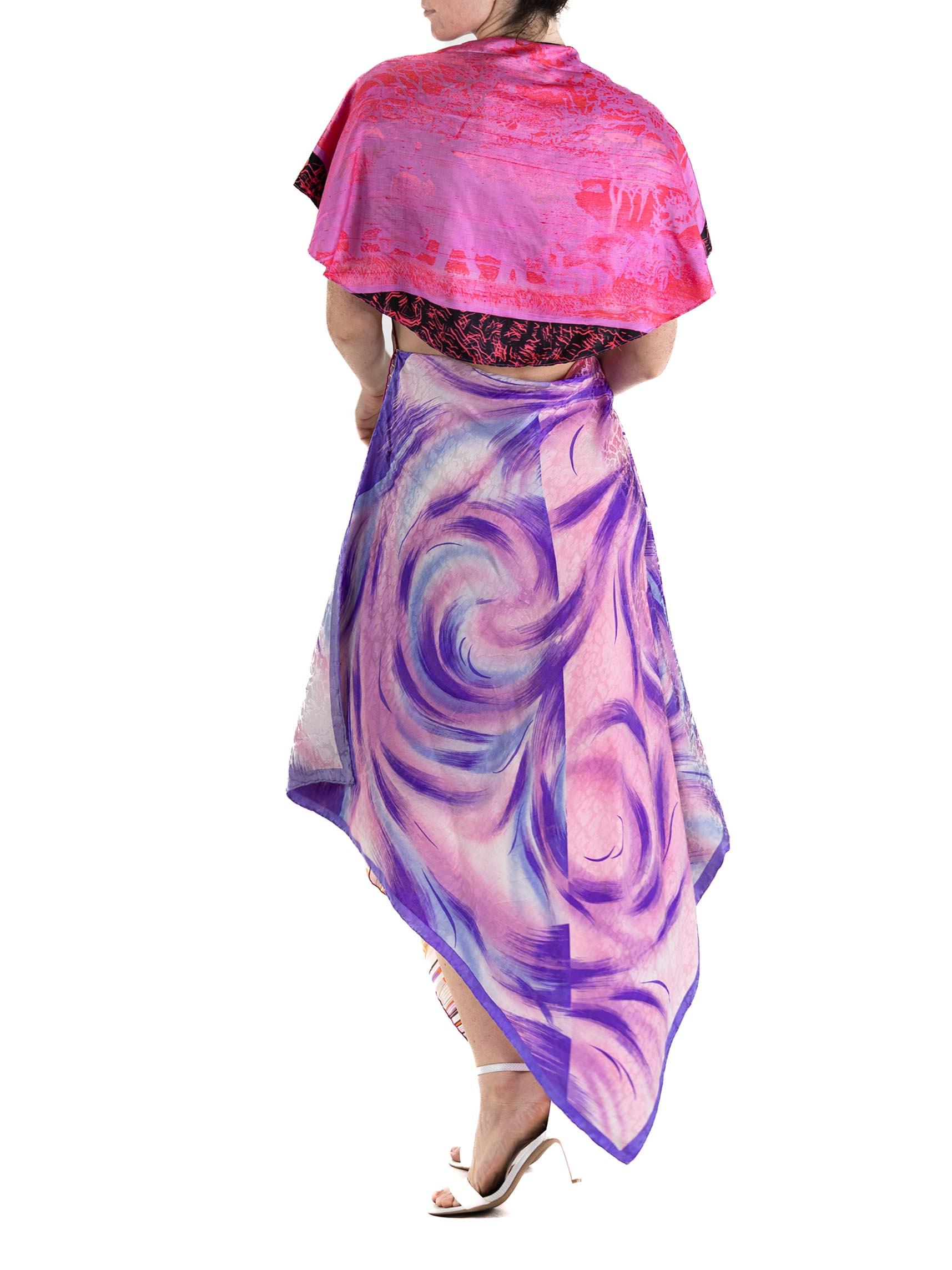 MORPHEW COLLECTION Purple, Pink Floral Silk Twill 3-Scarf Dress Made From Vinta For Sale 3