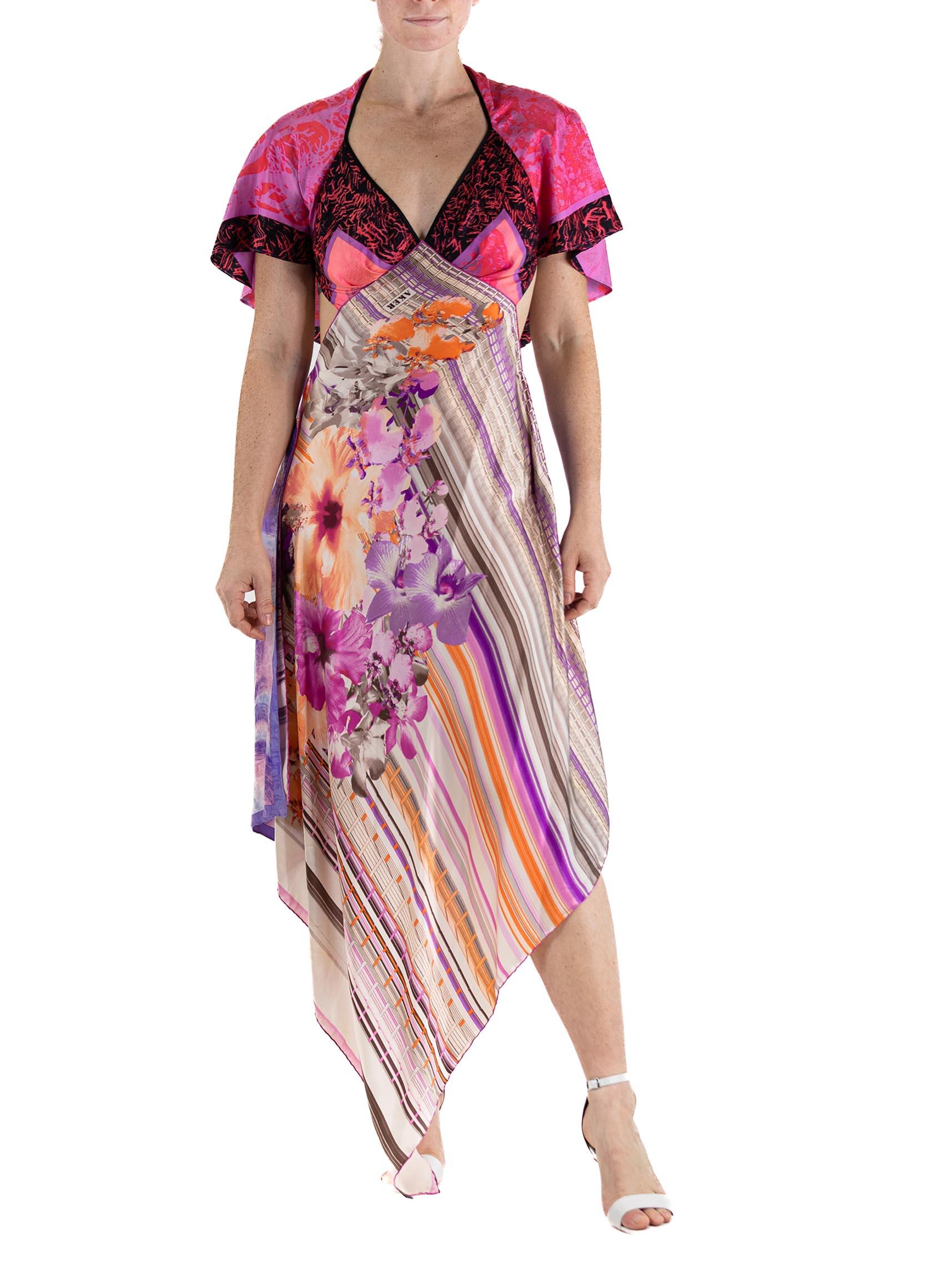 MORPHEW COLLECTION Purple, Pink Floral Silk Twill 3-Scarf Dress Made From Vinta For Sale 4