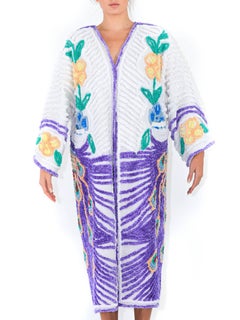 MORPHEW COLLECTION Purple & White Cotton Hand Embroidered Chenille Peacock Beac