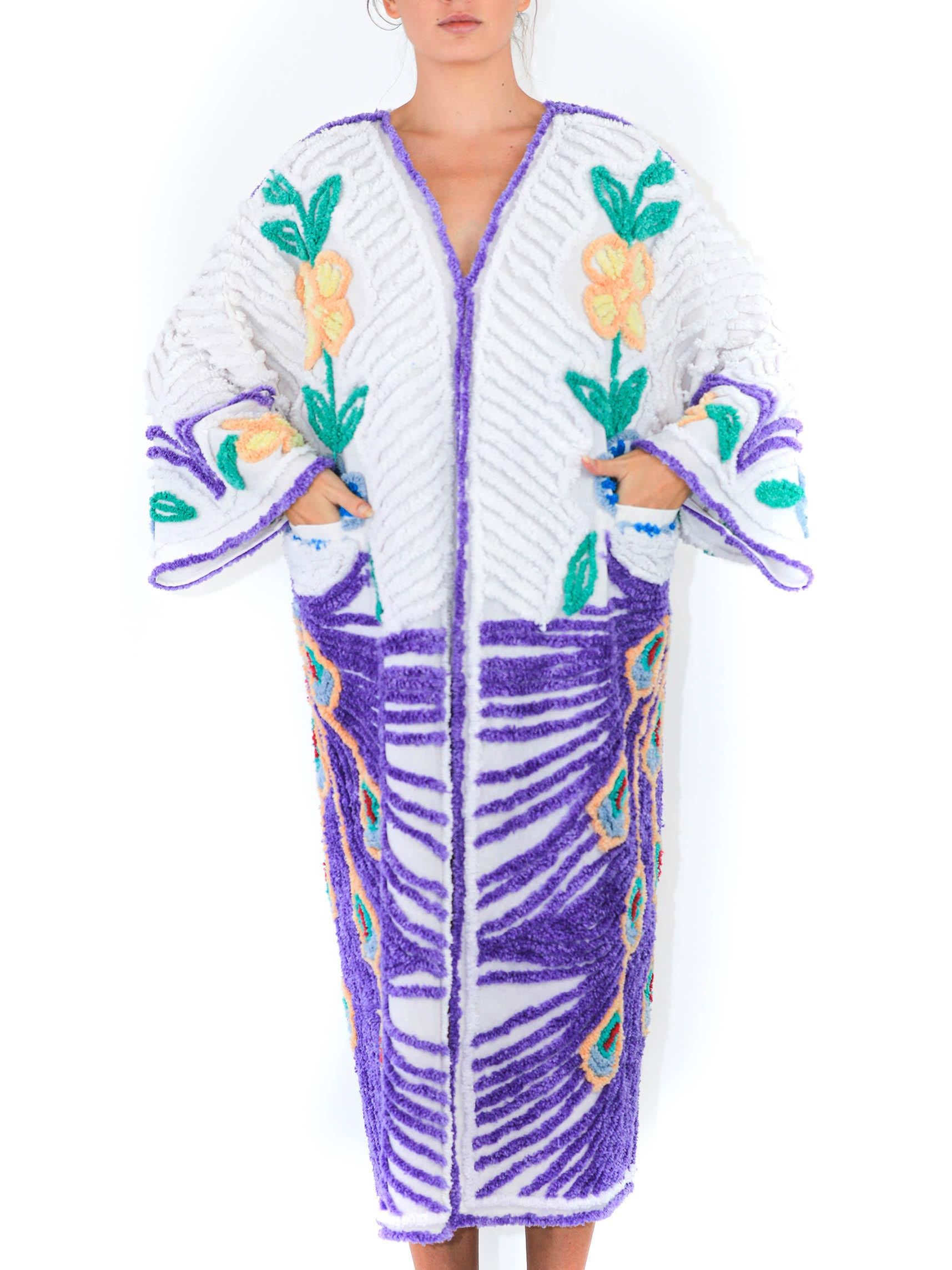 Gray MORPHEW COLLECTION Purple & White Cotton Hand Embroidered Chenille Peacock Beac For Sale