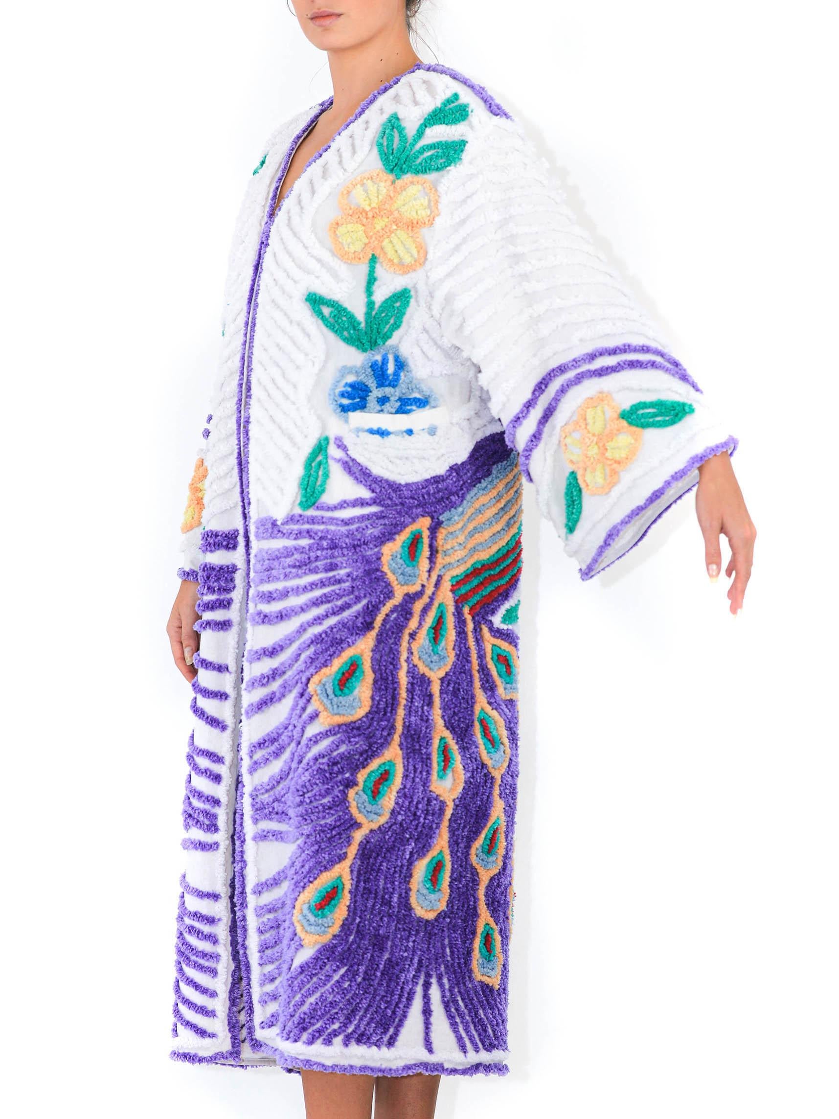 Women's MORPHEW COLLECTION Purple & White Cotton Hand Embroidered Chenille Peacock Beac For Sale