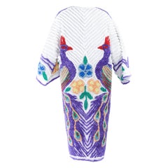MORPHEW COLLECTION Purple & White Cotton Hand Embroidered Chenille Peacock Beac