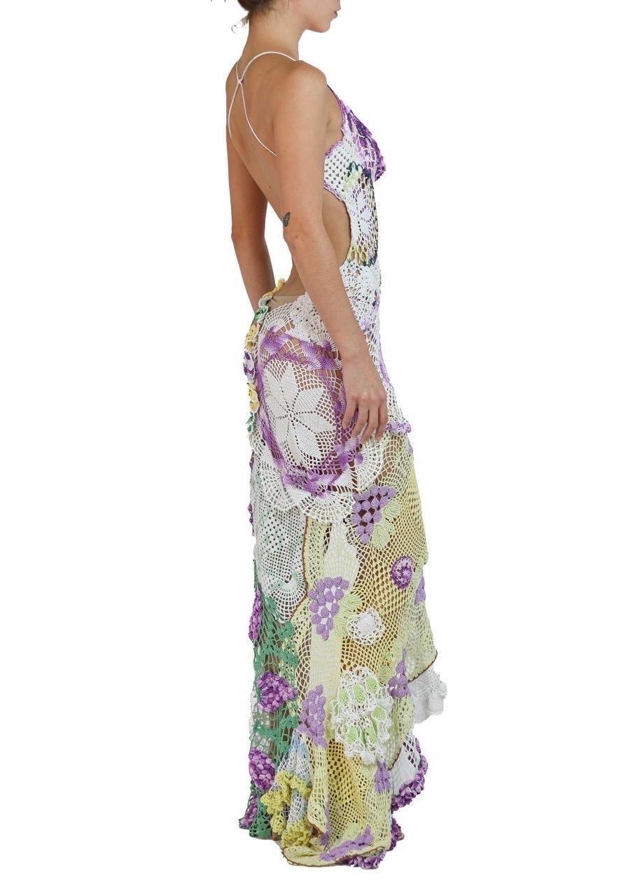 Women's Morphew Collection Purple & Yellow Cotton Crochet Lace Long Dress For Sale