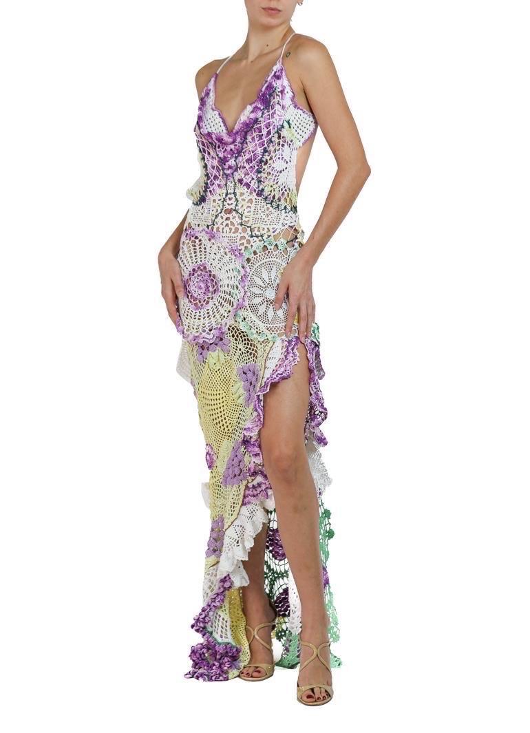 Morphew Collection Purple & Yellow Cotton Crochet Lace Long Dress For Sale 2