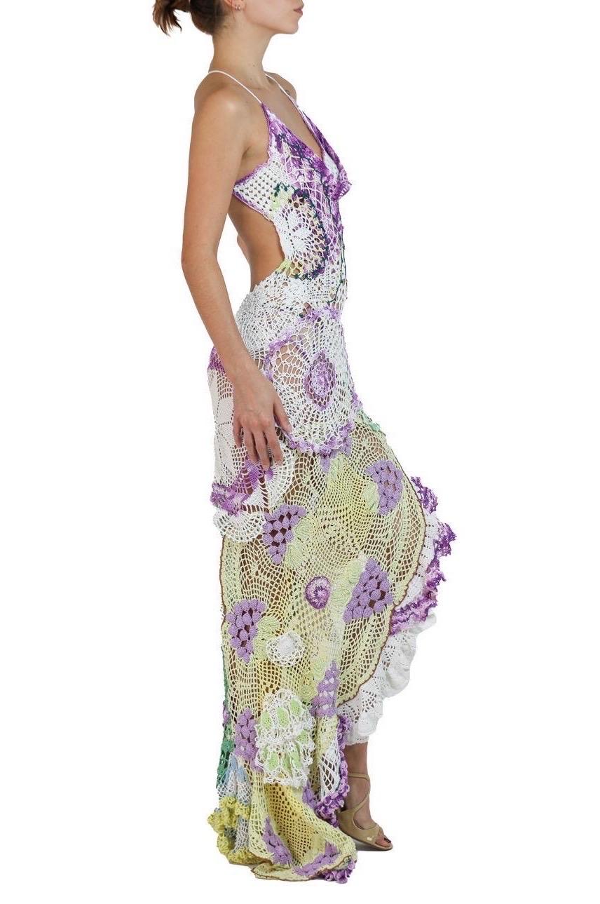 Morphew Collection Purple & Yellow Cotton Crochet Lace Long Dress For Sale 4
