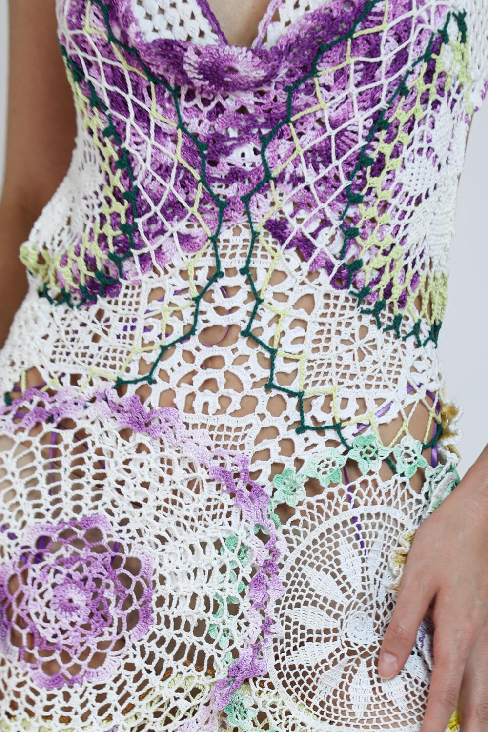 Morphew Collection Purple & Yellow Cotton Crochet Lace Long Dress For Sale 5