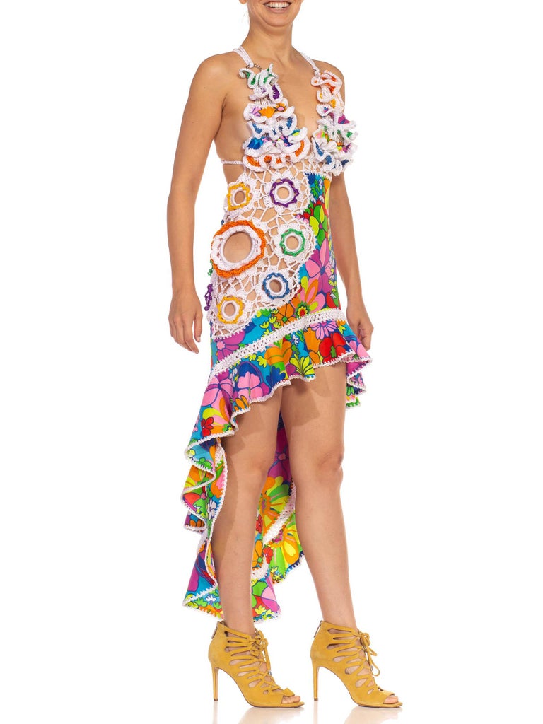Morphew Collection Rainbow Nylon Hand Crocheted Cocktail Dress Made From 1960'S For Sale at 1stDibs