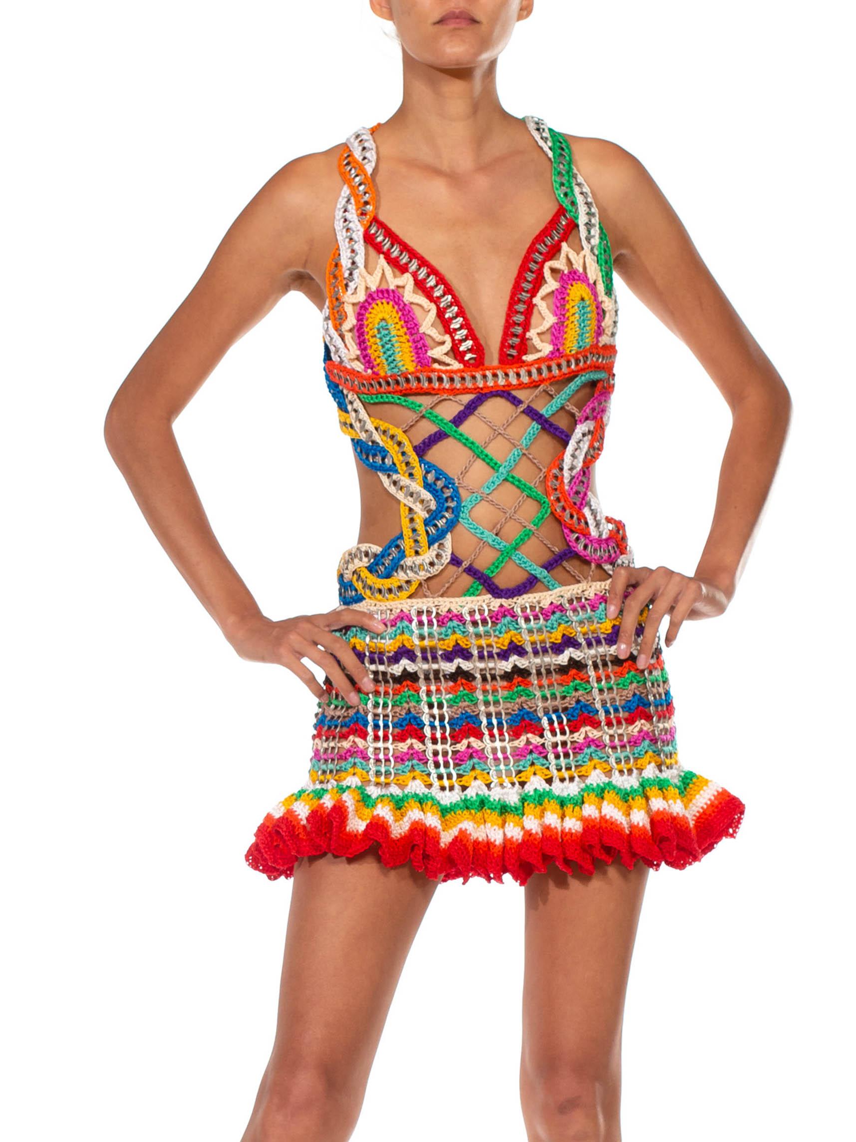 MORPHEW COLLECTION Rainbow Nylon &Metal Handmade Crocheted Dress In Excellent Condition For Sale In New York, NY