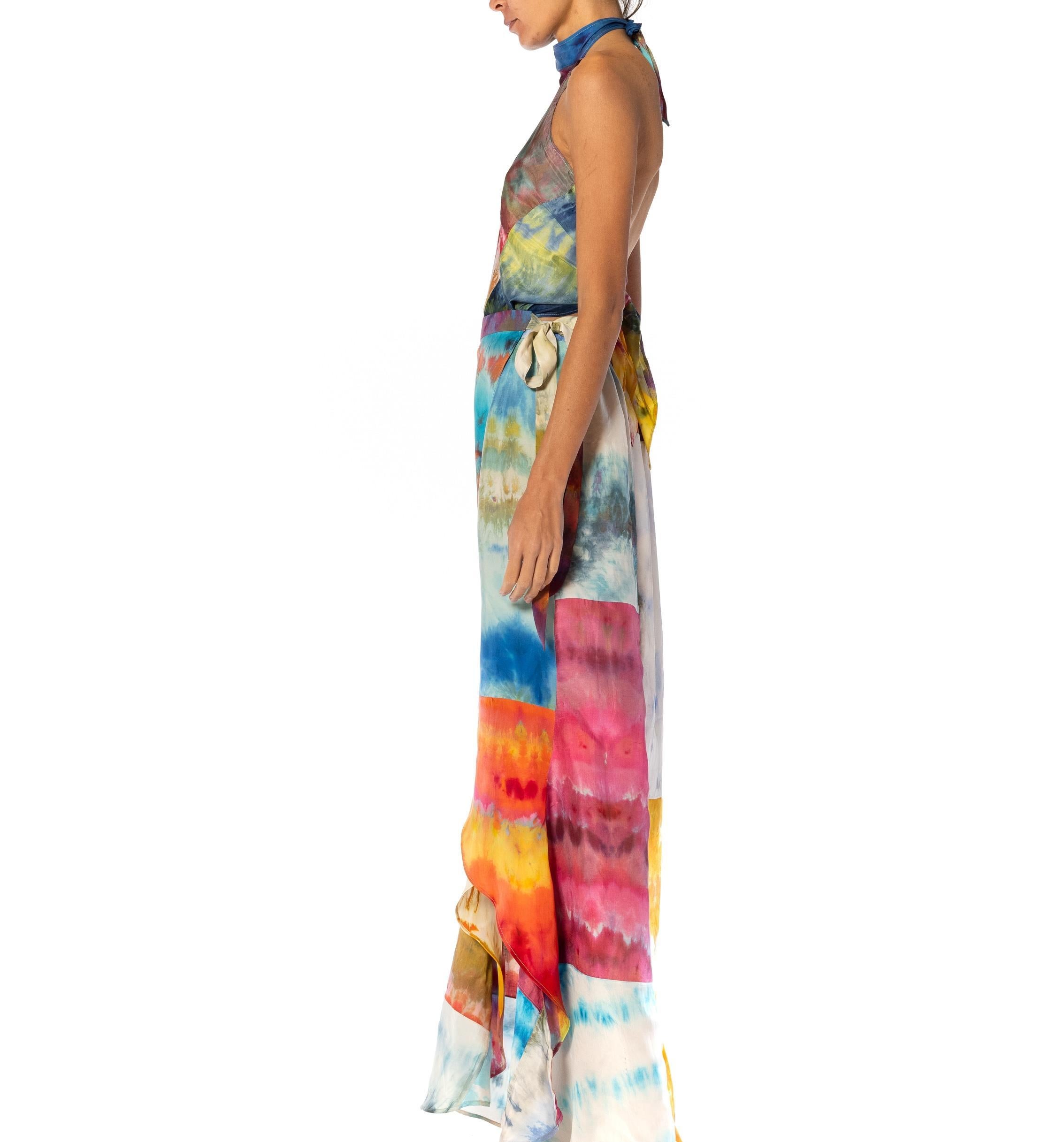 MORPHEW COLLECTION Rainbow Up-Cycled Antique Japanese Silk Ice-Dyed Wrap Skirt In Excellent Condition For Sale In New York, NY