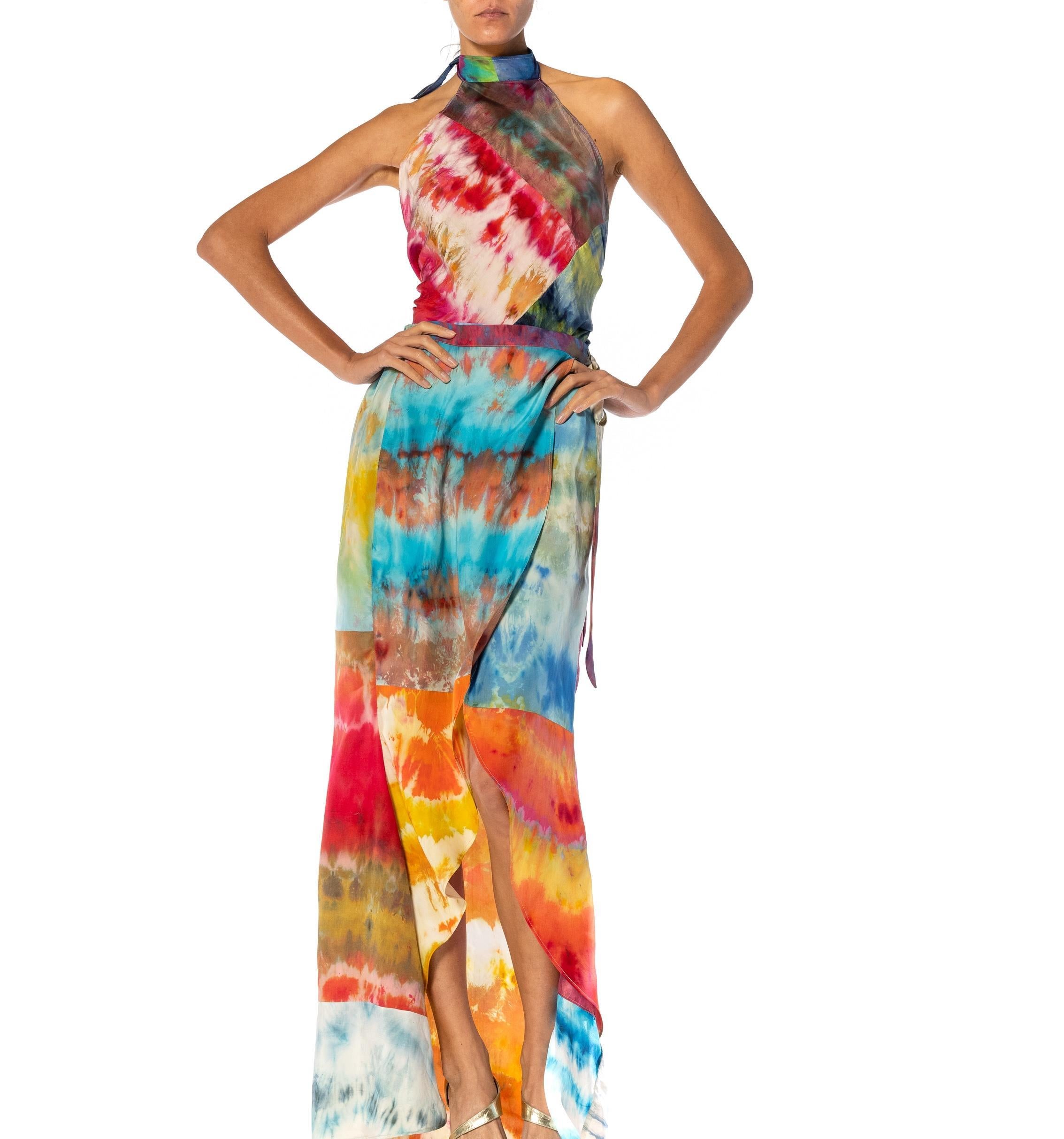 MORPHEW COLLECTION Rainbow Up-Cycled Antique Japanese Silk Ice-Dyed Wrap Skirt For Sale 4