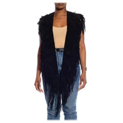 MORPHEW COLLECTION Raven Black Suede Fringe Feather Leather Long Cape