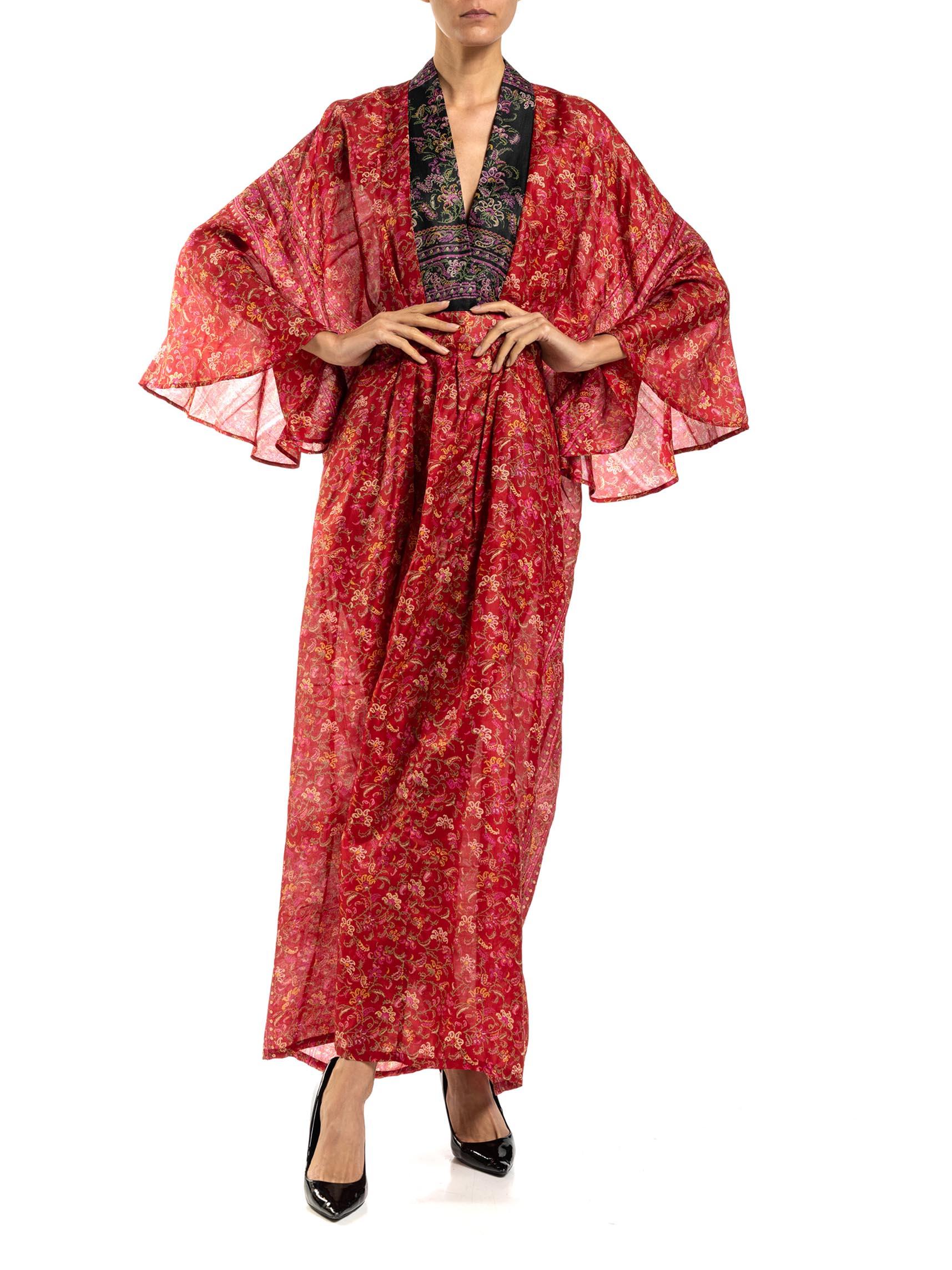 MORPHEW COLLECTION Red & Black Paisley Silk Floral Kaftan Made From Vintage Sari For Sale 6