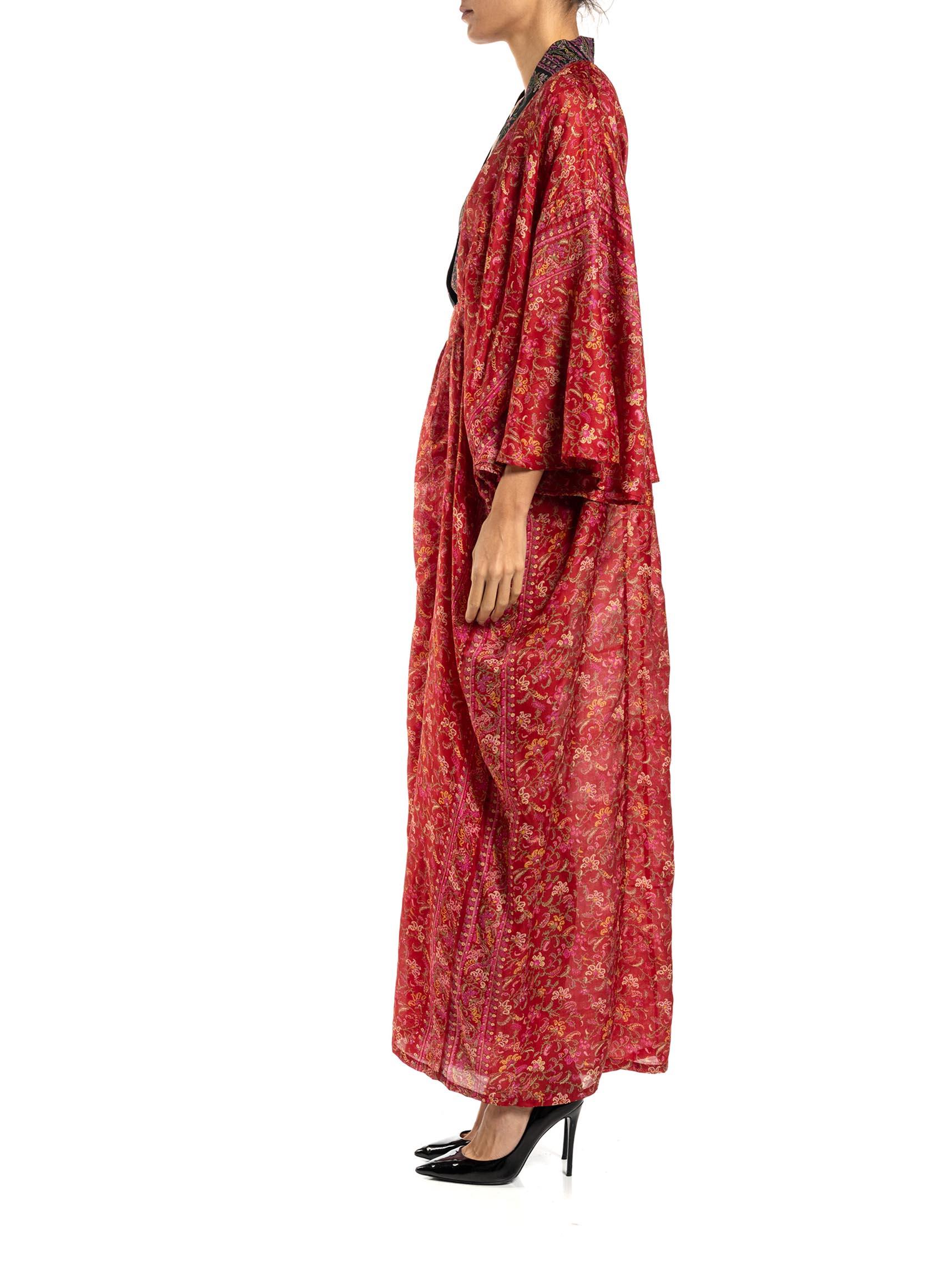 MORPHEW COLLECTION Red & Black Paisley Silk Floral Kaftan Made From Vintage Sari In Excellent Condition For Sale In New York, NY
