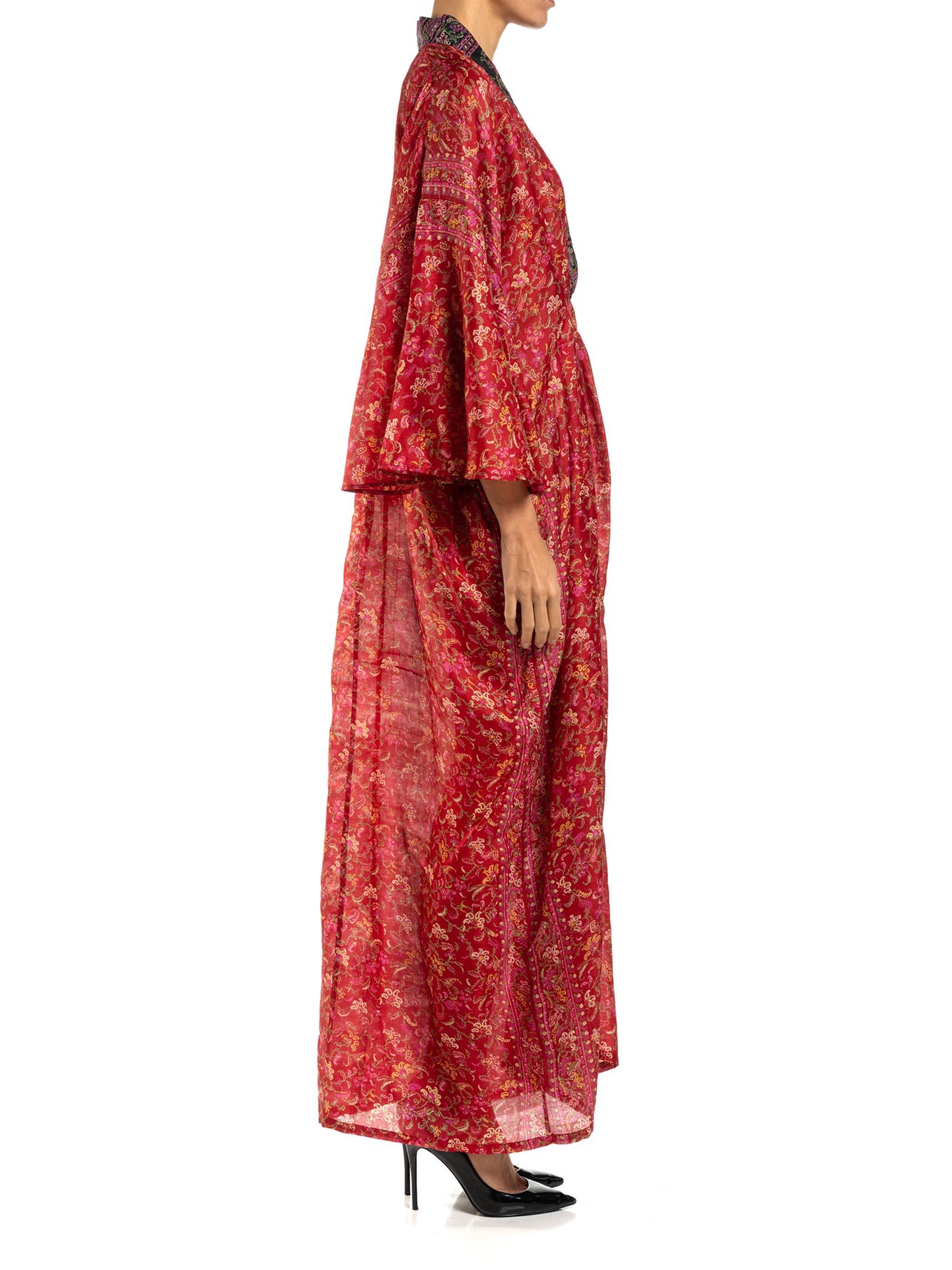 Women's MORPHEW COLLECTION Red & Black Paisley Silk Floral Kaftan Made From Vintage Sari For Sale