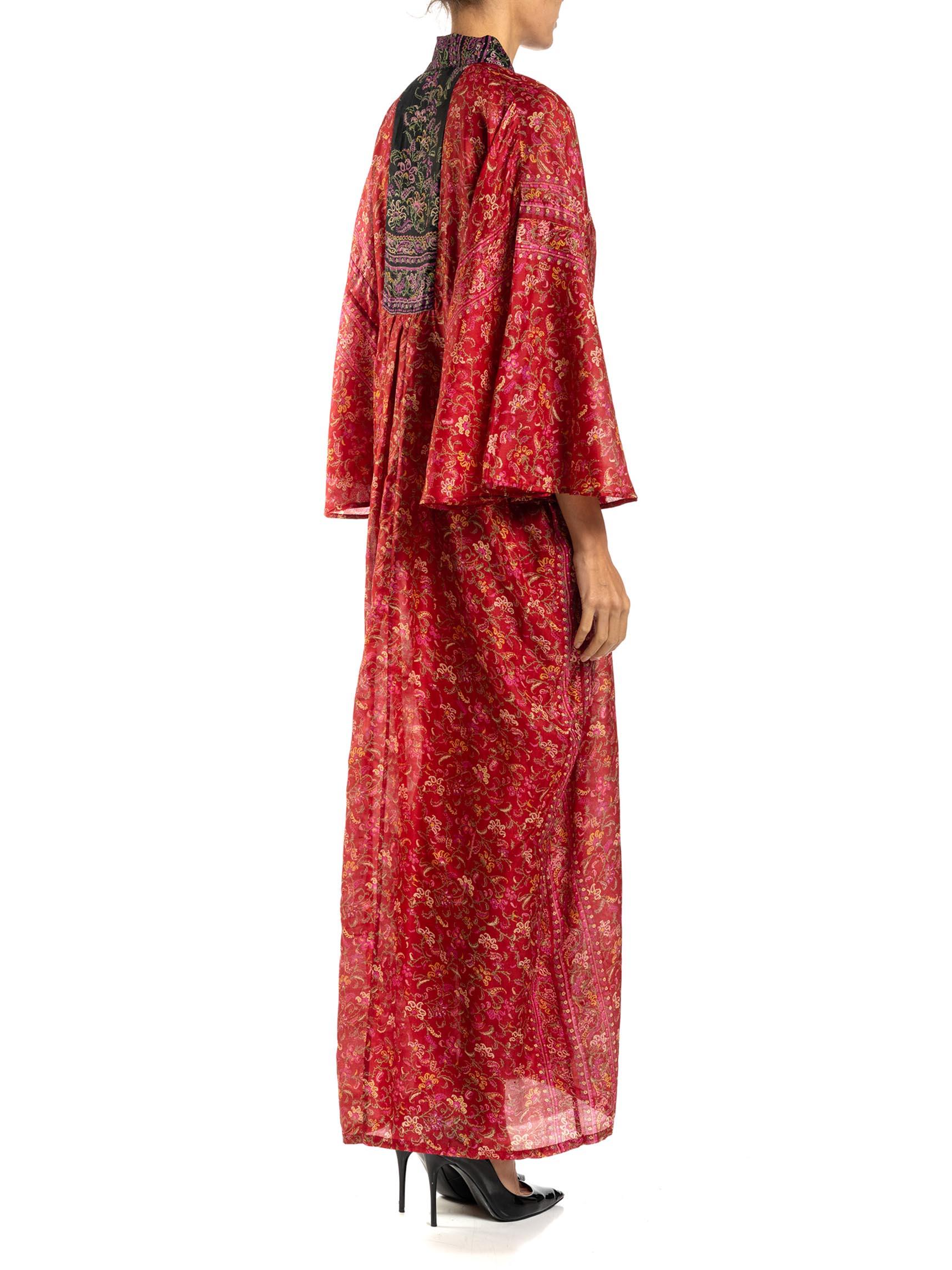 MORPHEW COLLECTION Red & Black Paisley Silk Floral Kaftan Made From Vintage Sari For Sale 1