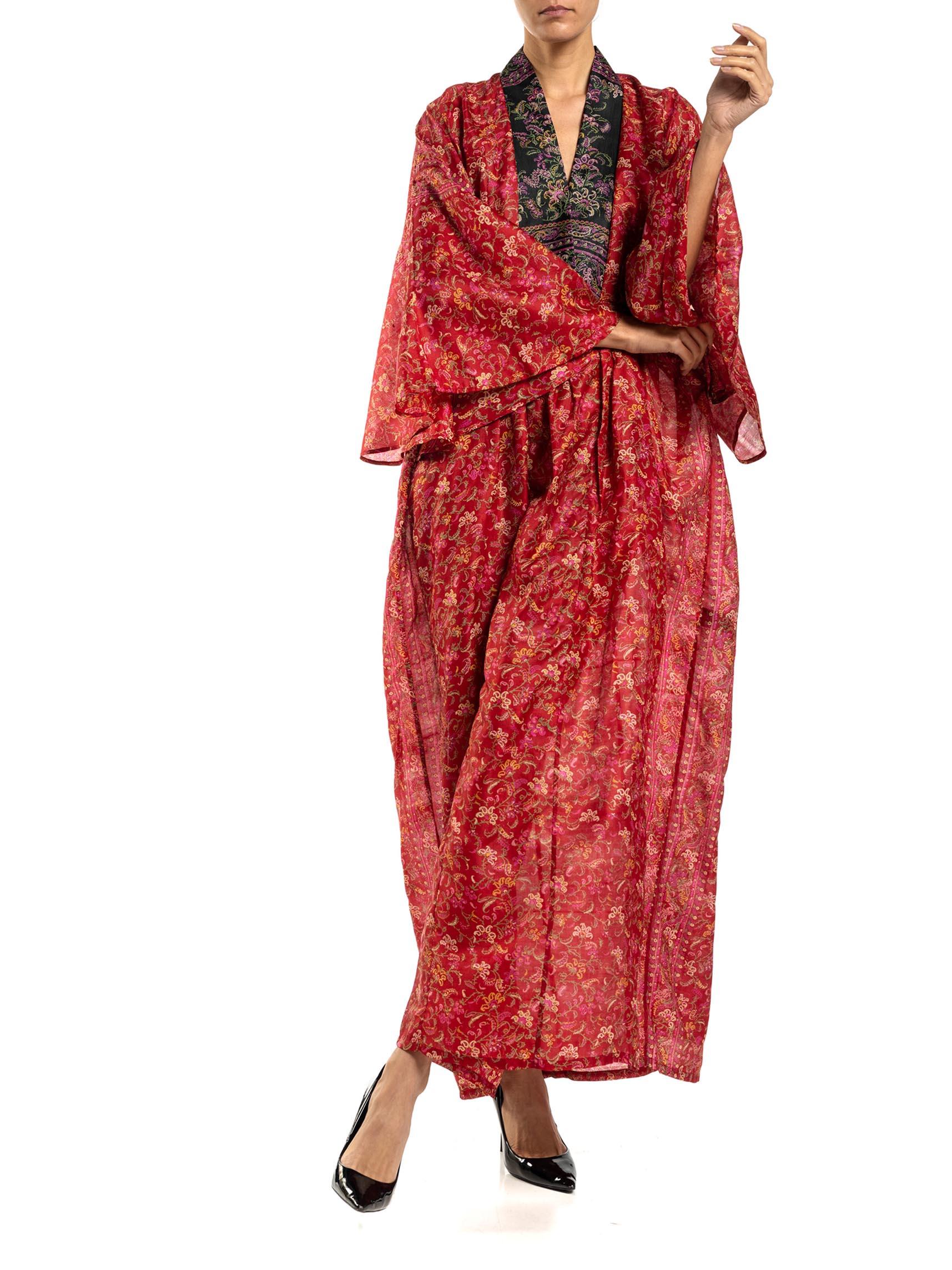 MORPHEW COLLECTION Red & Black Paisley Silk Floral Kaftan Made From Vintage Sari For Sale 2