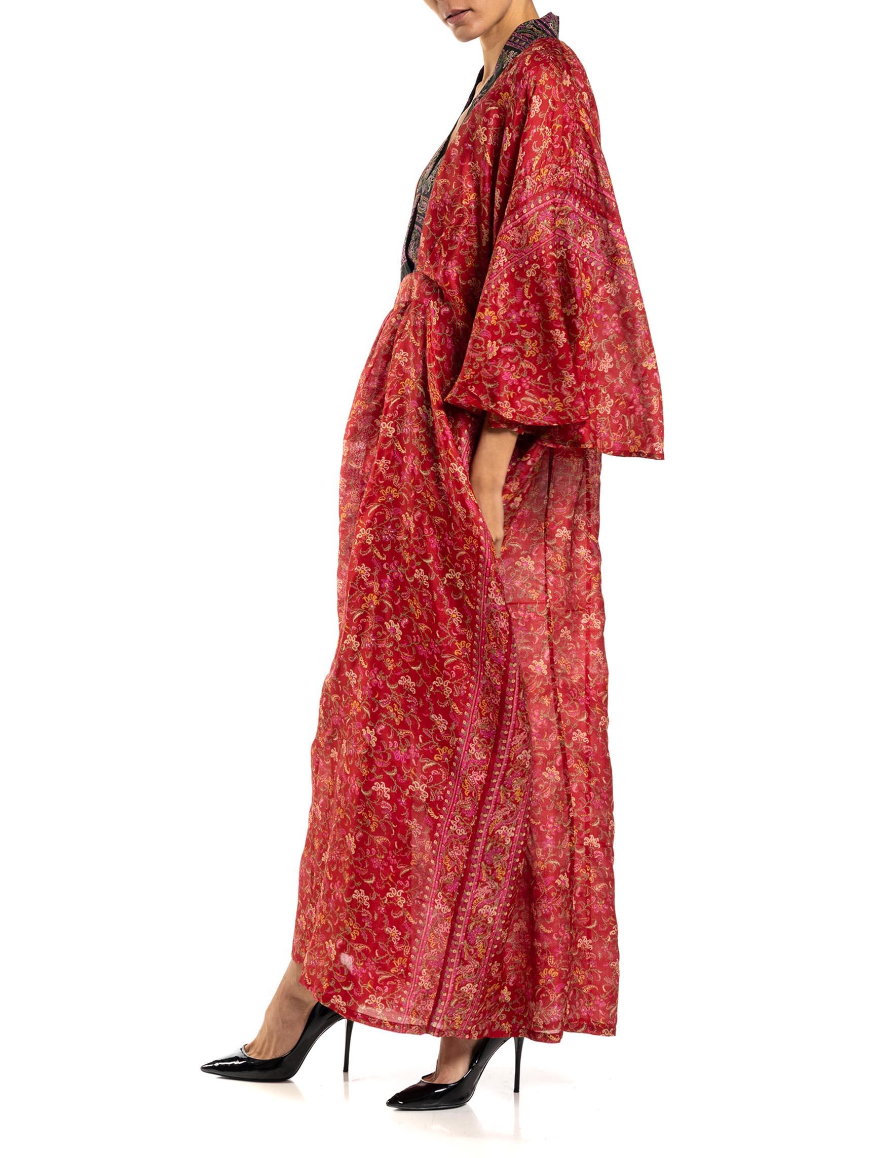 MORPHEW COLLECTION Red & Black Paisley Silk Floral Kaftan Made From Vintage Sari For Sale 3