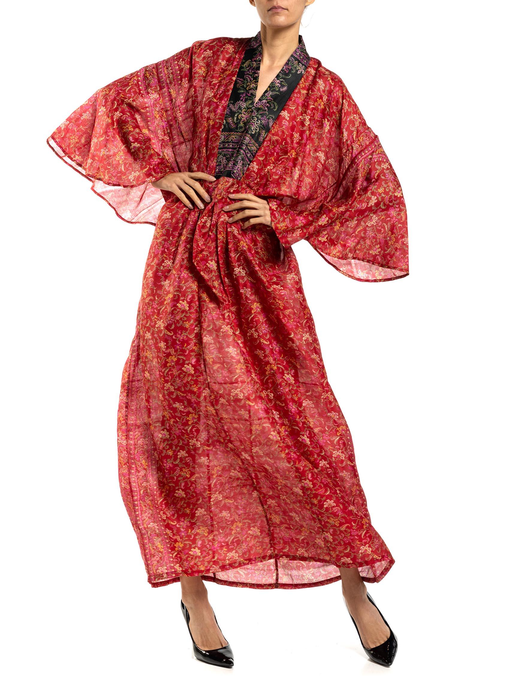 MORPHEW COLLECTION Red & Black Paisley Silk Floral Kaftan Made From Vintage Sari For Sale 4