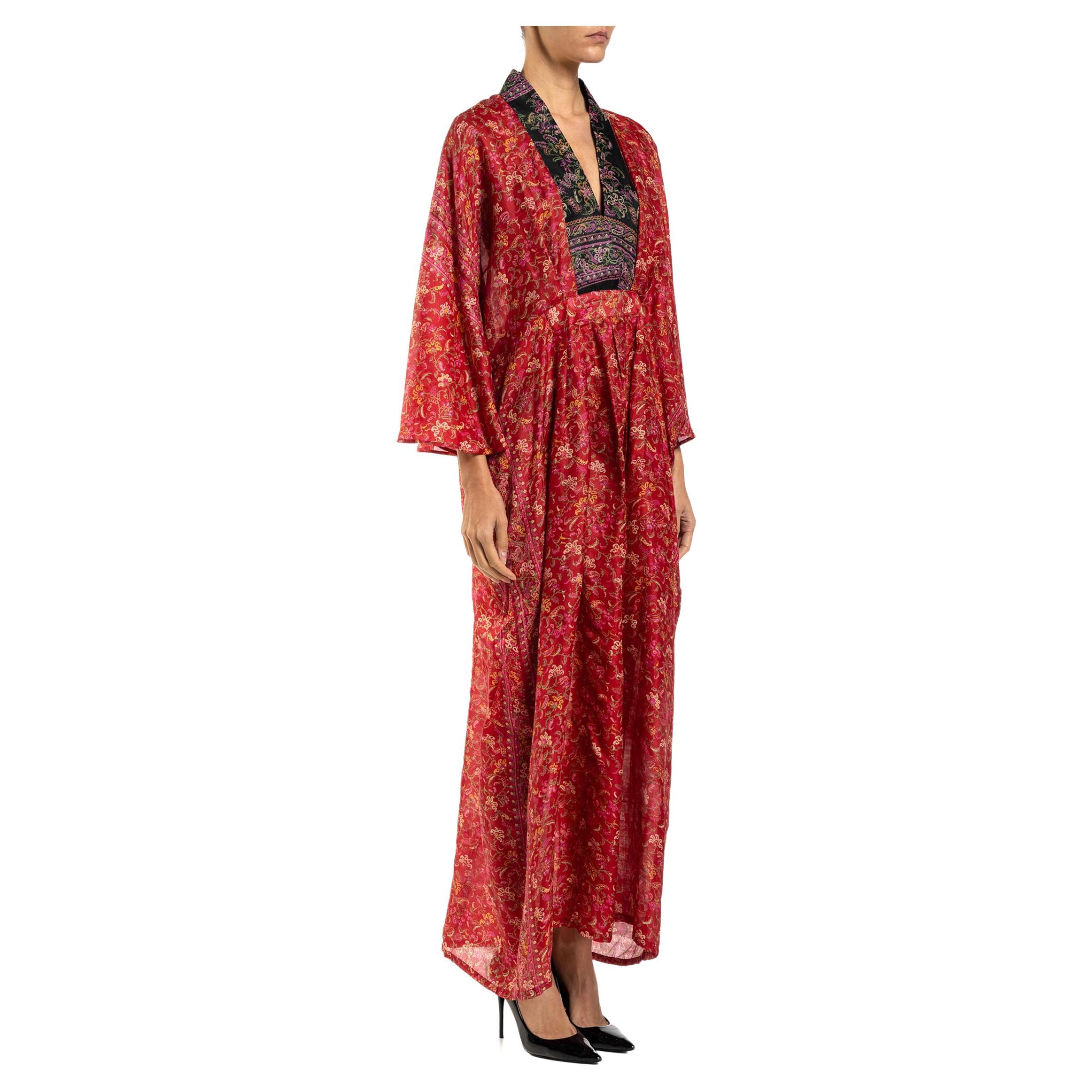 MORPHEW COLLECTION Red & Black Paisley Silk Floral Kaftan Made From Vintage Sari For Sale