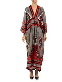 MORPHEW COLLECTION Red, Black & White Polka Dot Silk Kaftan Made From Vintage S