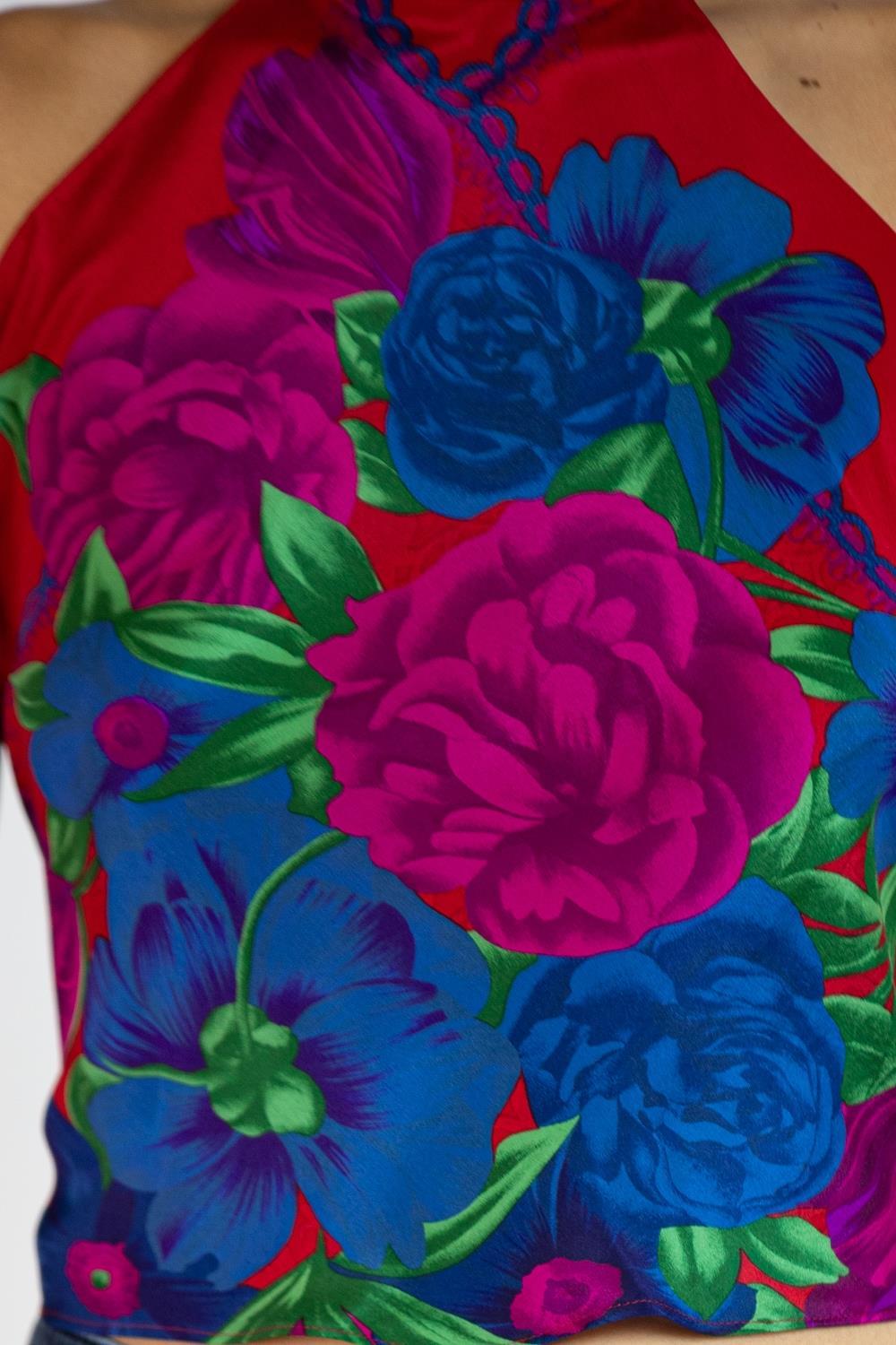Morphew Collection Red, Blue & Fuscia Floral Print Silk Tie Top Made From Vinta For Sale 4