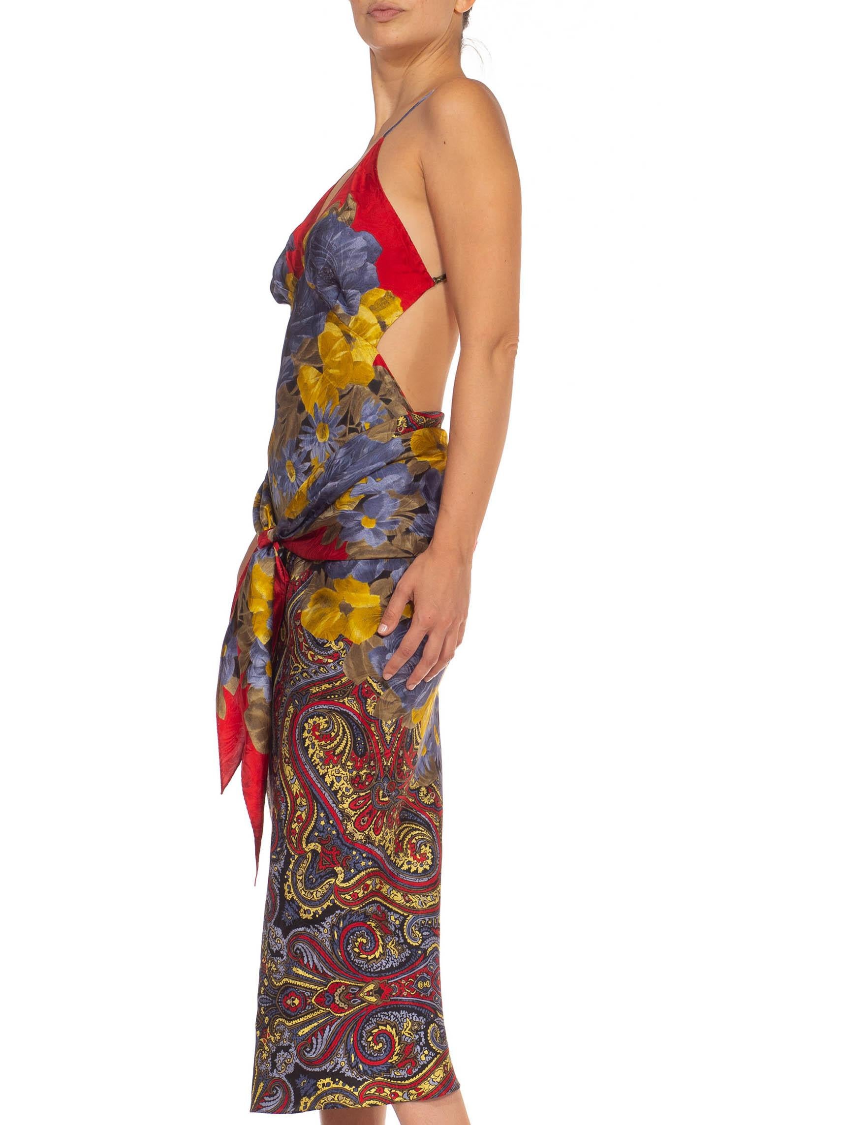 MORPHEW COLLECTION Red Blue & Yellow Silk Sagittarius Dress Made From Vintage Scarves