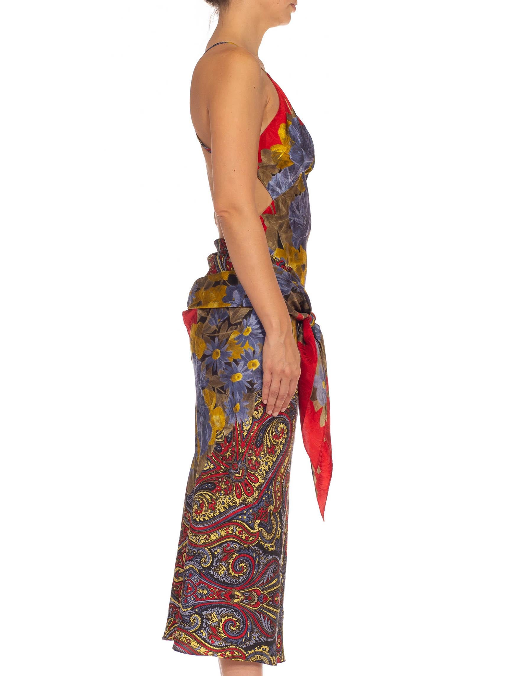 Brown MORPHEW COLLECTION Red Blue & Yellow Silk Sagittarius Dress Made From Vintage Sc