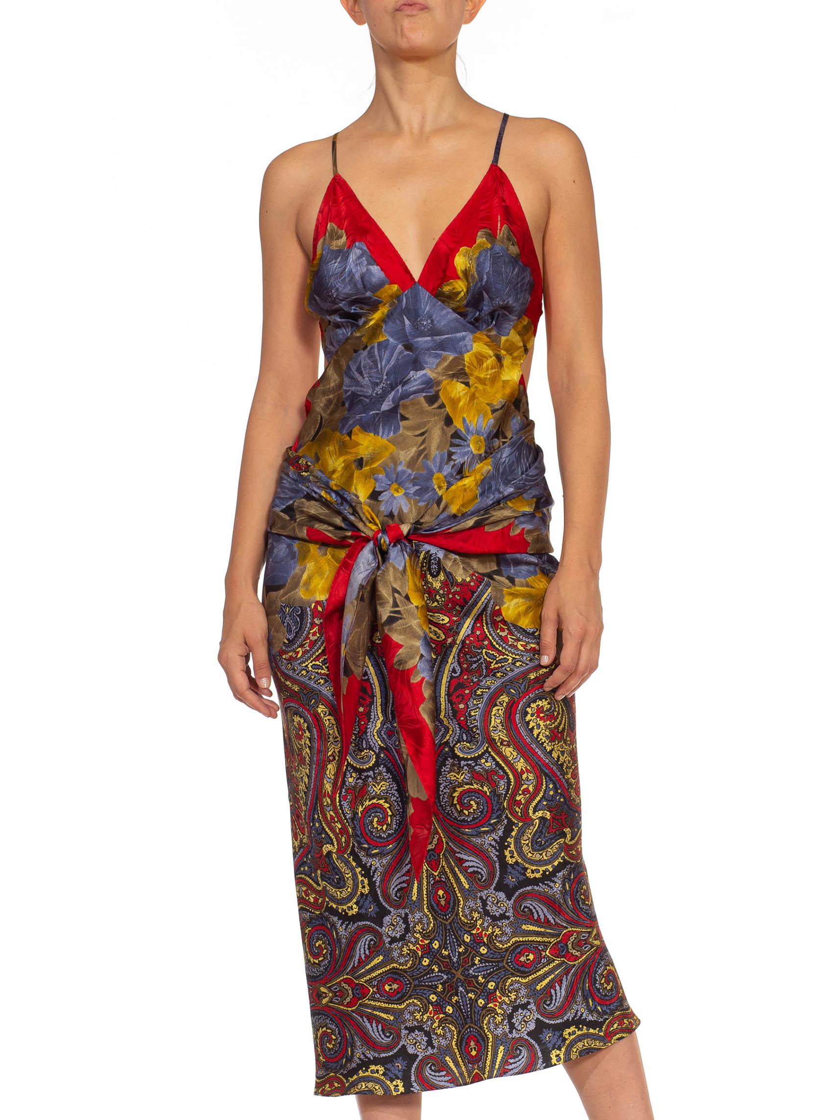 MORPHEW COLLECTION Red Blue & Yellow Silk Sagittarius Dress Made From Vintage Sc In Excellent Condition In New York, NY