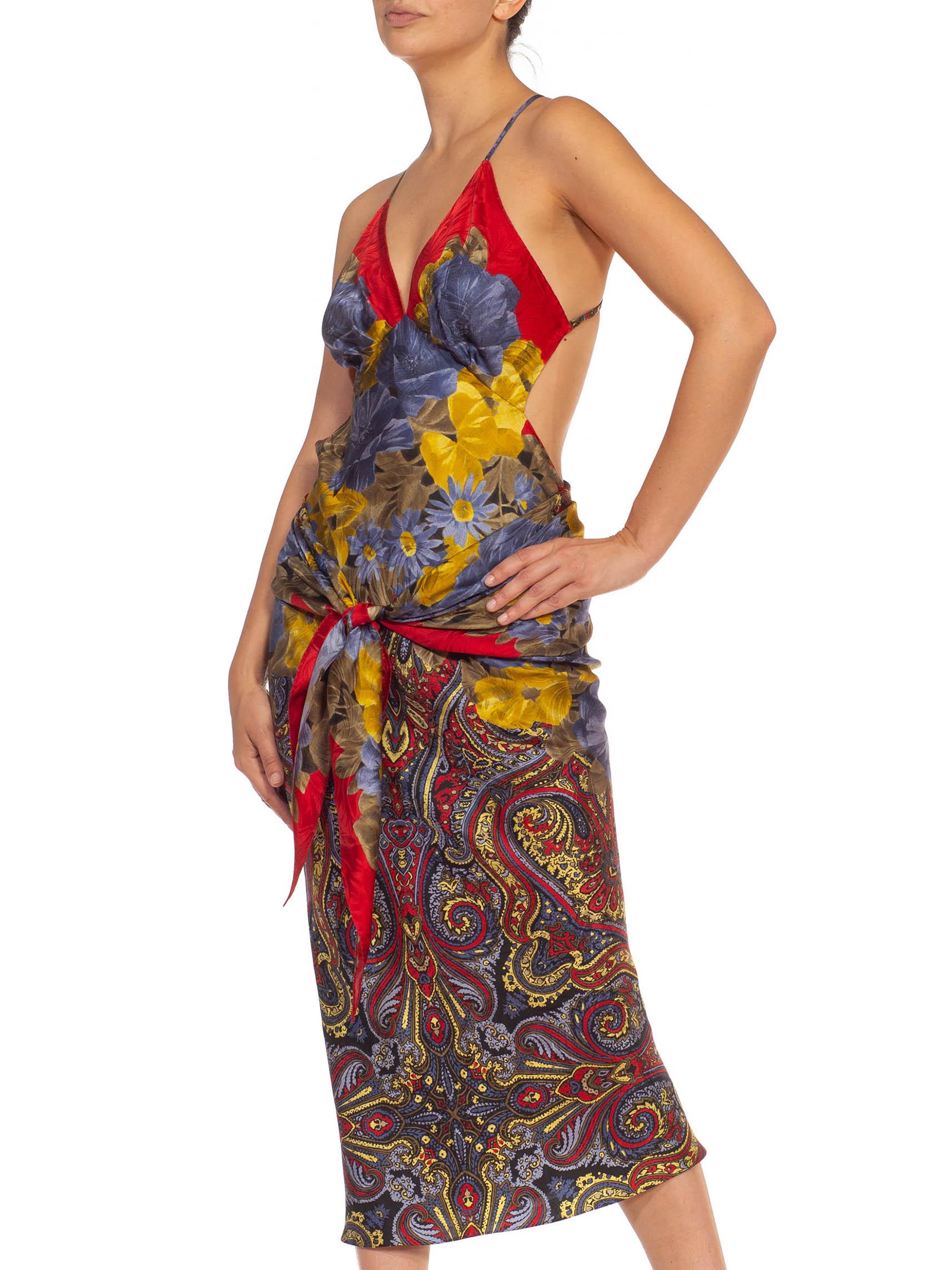 Women's MORPHEW COLLECTION Red Blue & Yellow Silk Sagittarius Dress Made From Vintage Sc