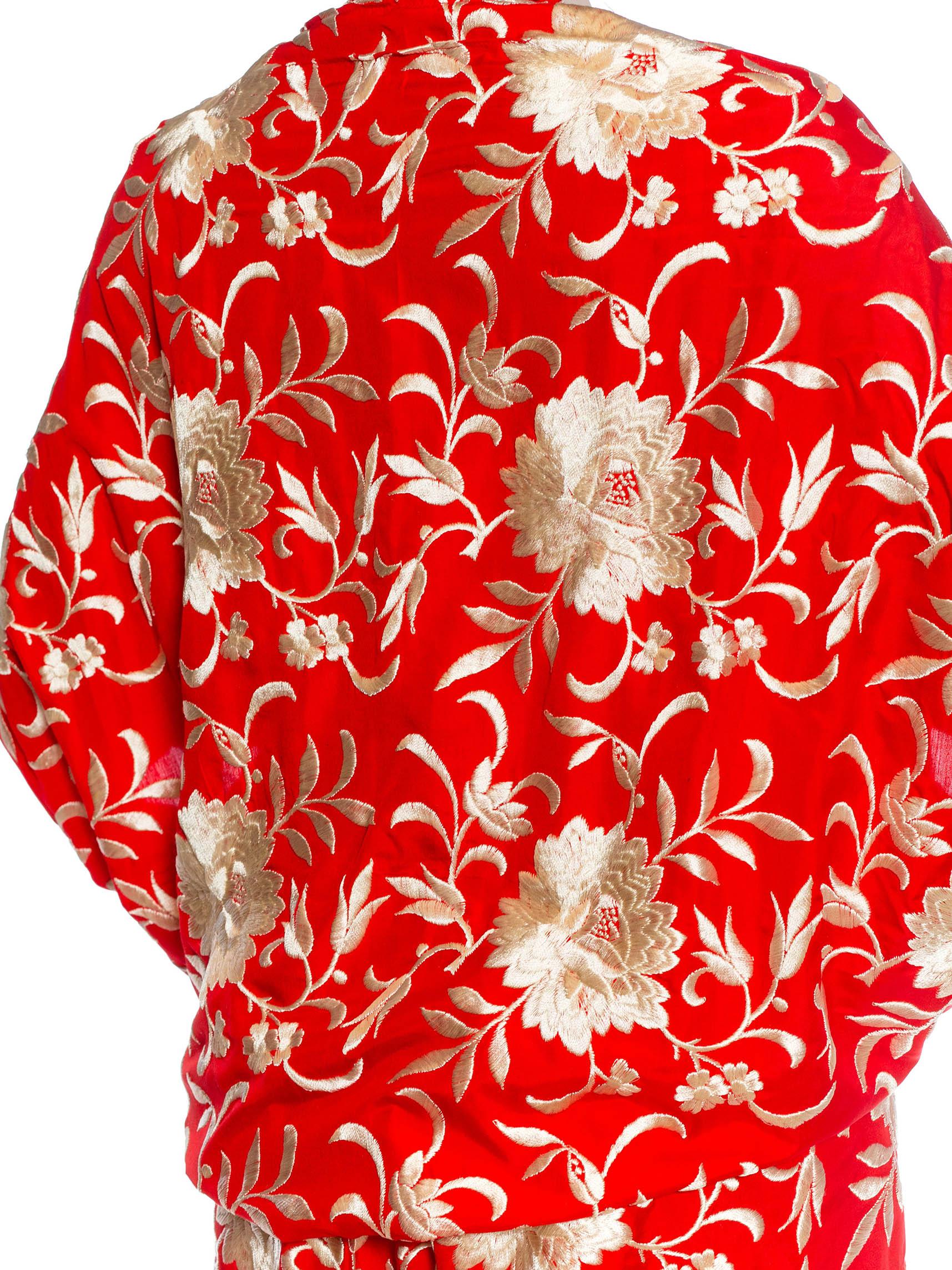 MORPHEW COLLECTION Red & Cream Silk Hand Embroidered Floral Cocoon With Ombré F For Sale 6