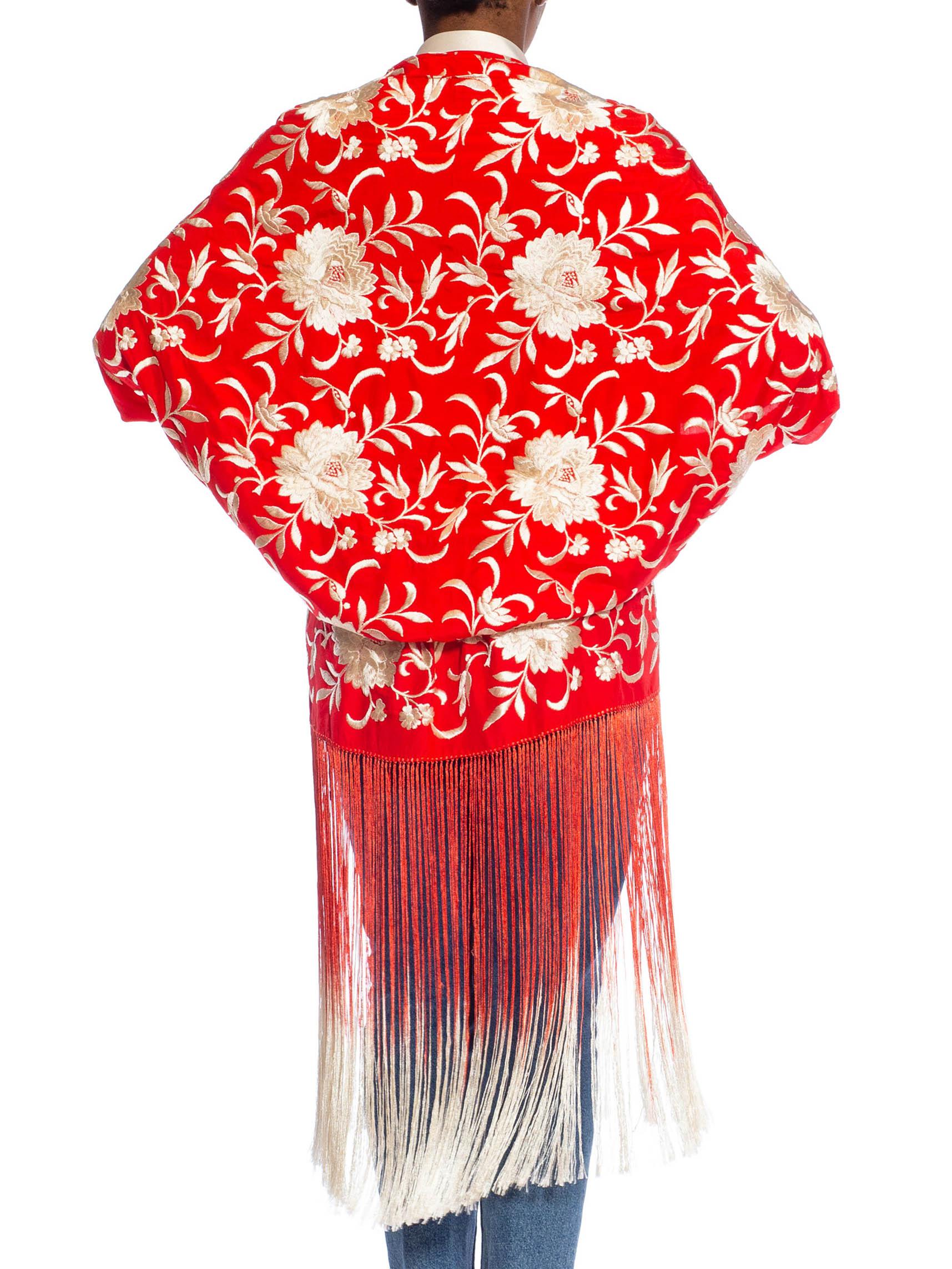MORPHEW COLLECTION Red & Cream Silk Hand Embroidered Floral Cocoon With Ombré F For Sale 2