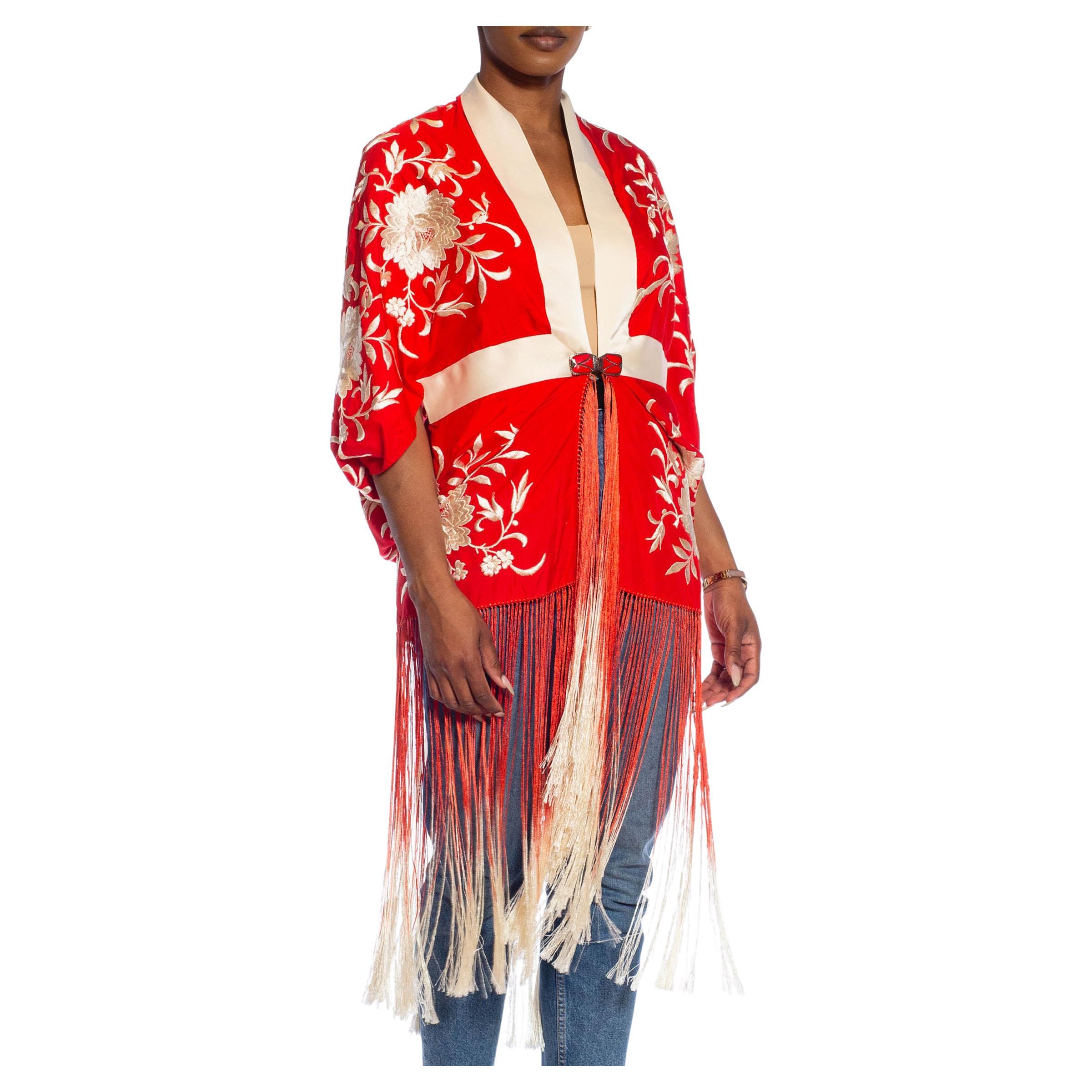 MORPHEW COLLECTION Red & Cream Silk Hand Embroidered Floral Cocoon With Ombré F For Sale